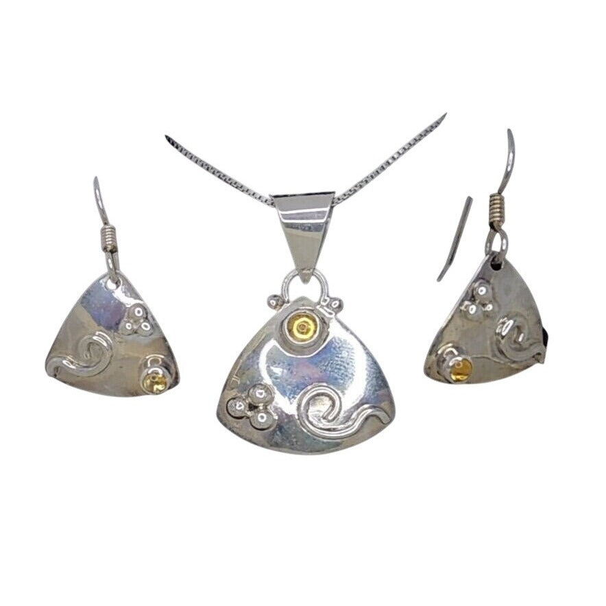 Necklace Earrings Set Round Citrine 18" Silver Chain weight 9 Gr Jewelry