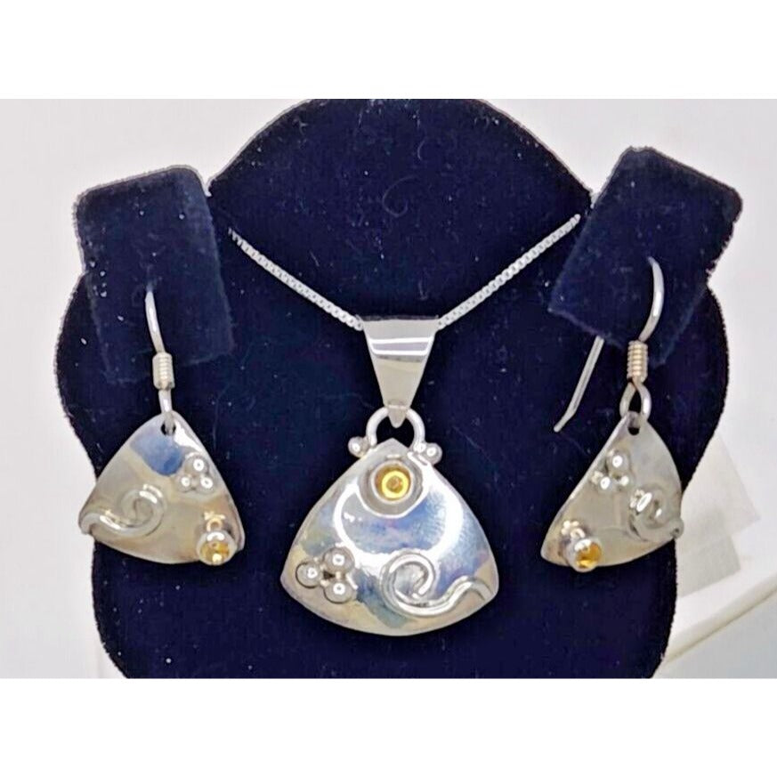 Necklace Earrings Set Round Citrine 18" Silver Chain weight 9 Gr Jewelry