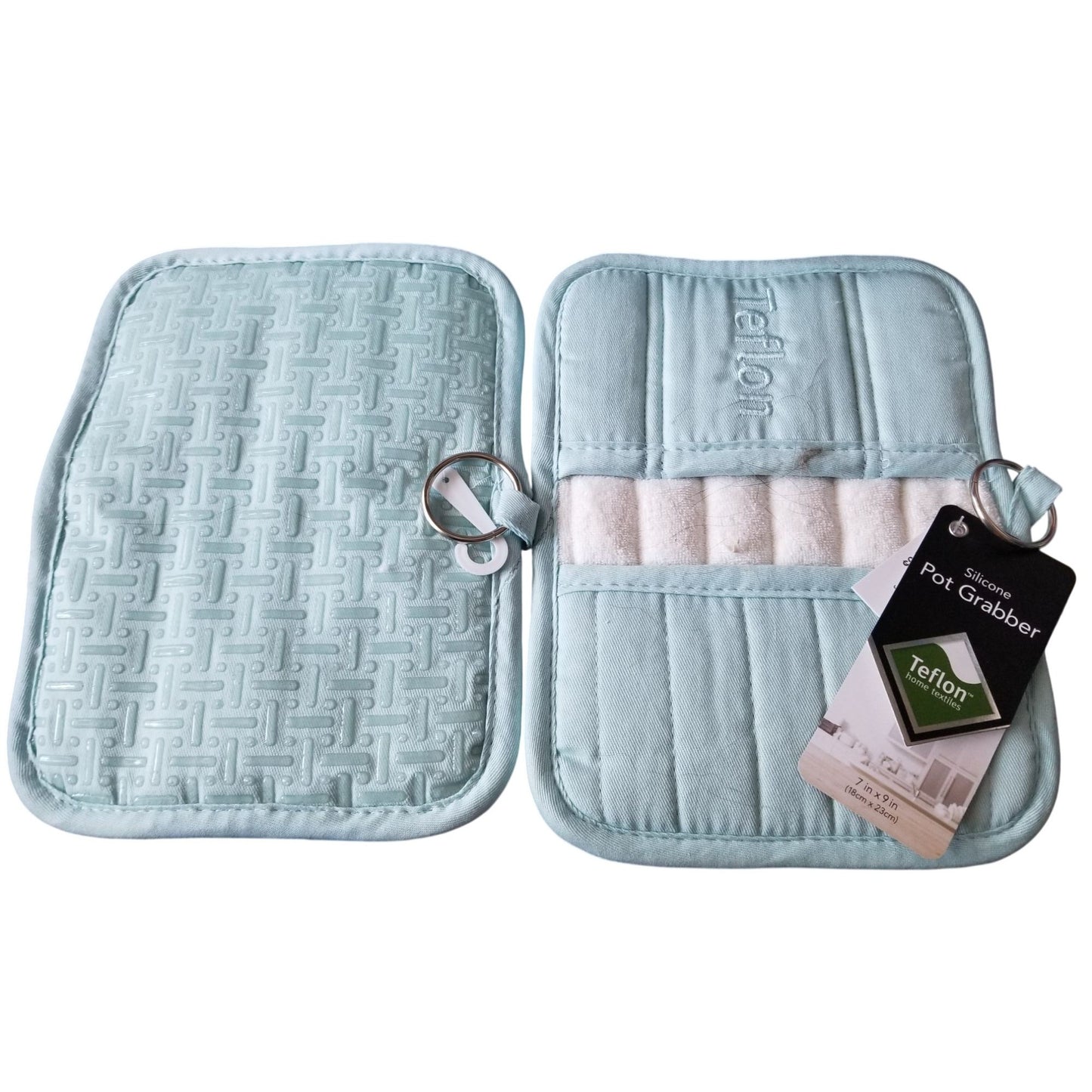 Kitchen Pot Holder Terry Cloth Liner Light Blue  9"  x 7" Set of 2  Pockets Silicone  Teflon