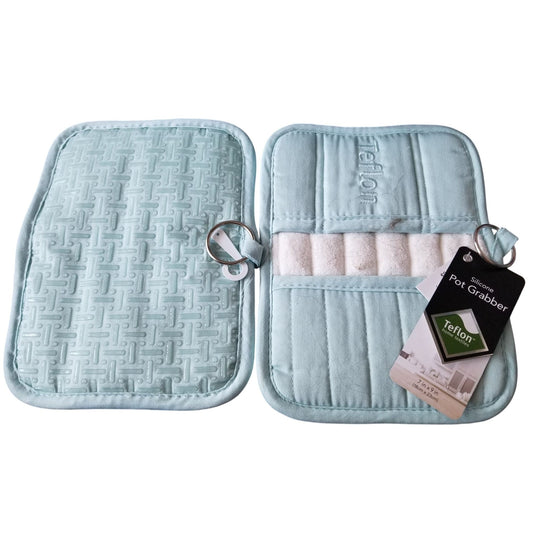Kitchen Pot Holder Terry Cloth Liner Light Blue  9"  x 7" Set of 2  Pockets Silicone  Teflon