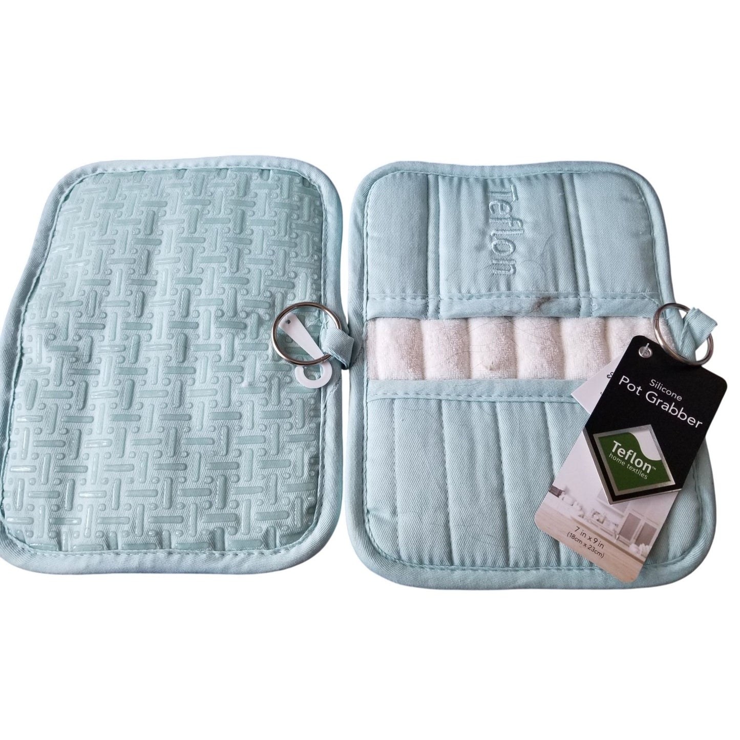 Kitchen Pot Holder Terry Cloth Liner Light Blue  9"  x 7" Set of 2  Pockets Silicone  Teflon