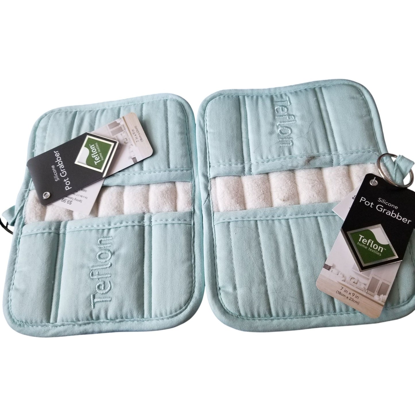 Kitchen Pot Holder Terry Cloth Liner Light Blue  9"  x 7" Set of 2  Pockets Silicone  Teflon