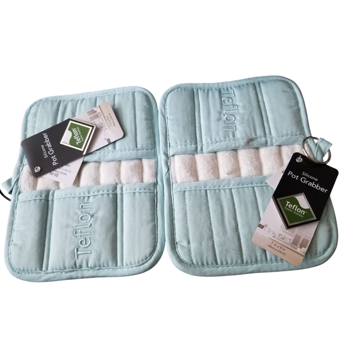Kitchen Pot Holder Terry Cloth Liner Light Blue  9"  x 7" Set of 2  Pockets Silicone  Teflon