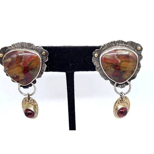 Earrings Silver Post Red Creek Jasper Mozambique Garnet 12.6 Gr  925 Silver 14K Gold
