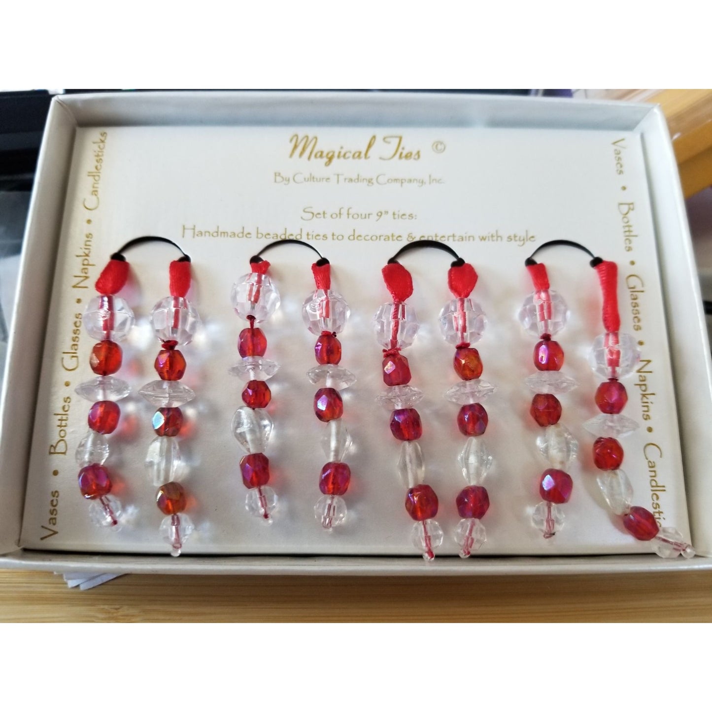 Magical Ties Red White 12" each Beaded  Set of 4 Handmade Decoration for Vases Bottles Glasses Napkins Candlesticks