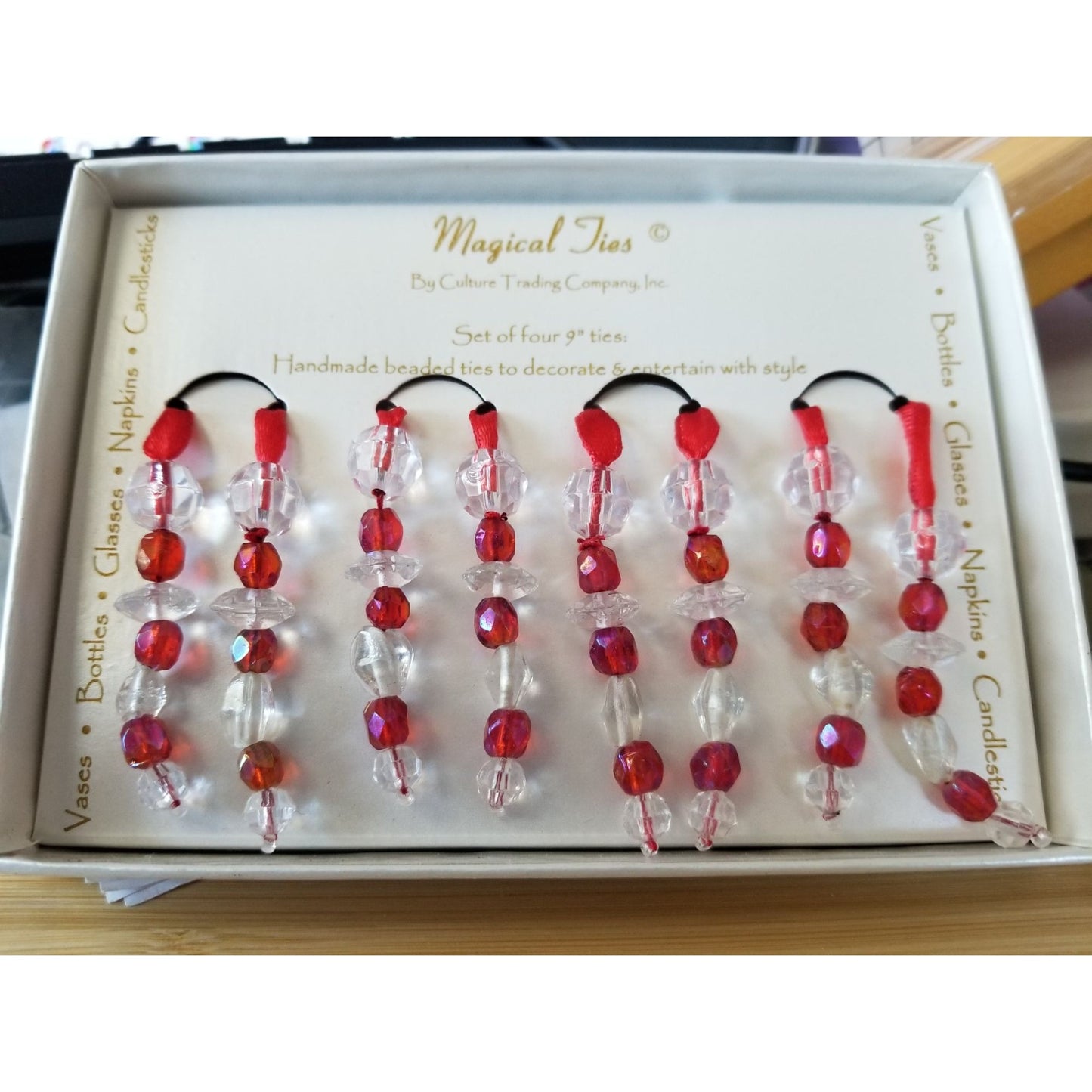 Magical Ties Red White 12" each Beaded  Set of 4 Handmade Decoration for Vases Bottles Glasses Napkins Candlesticks