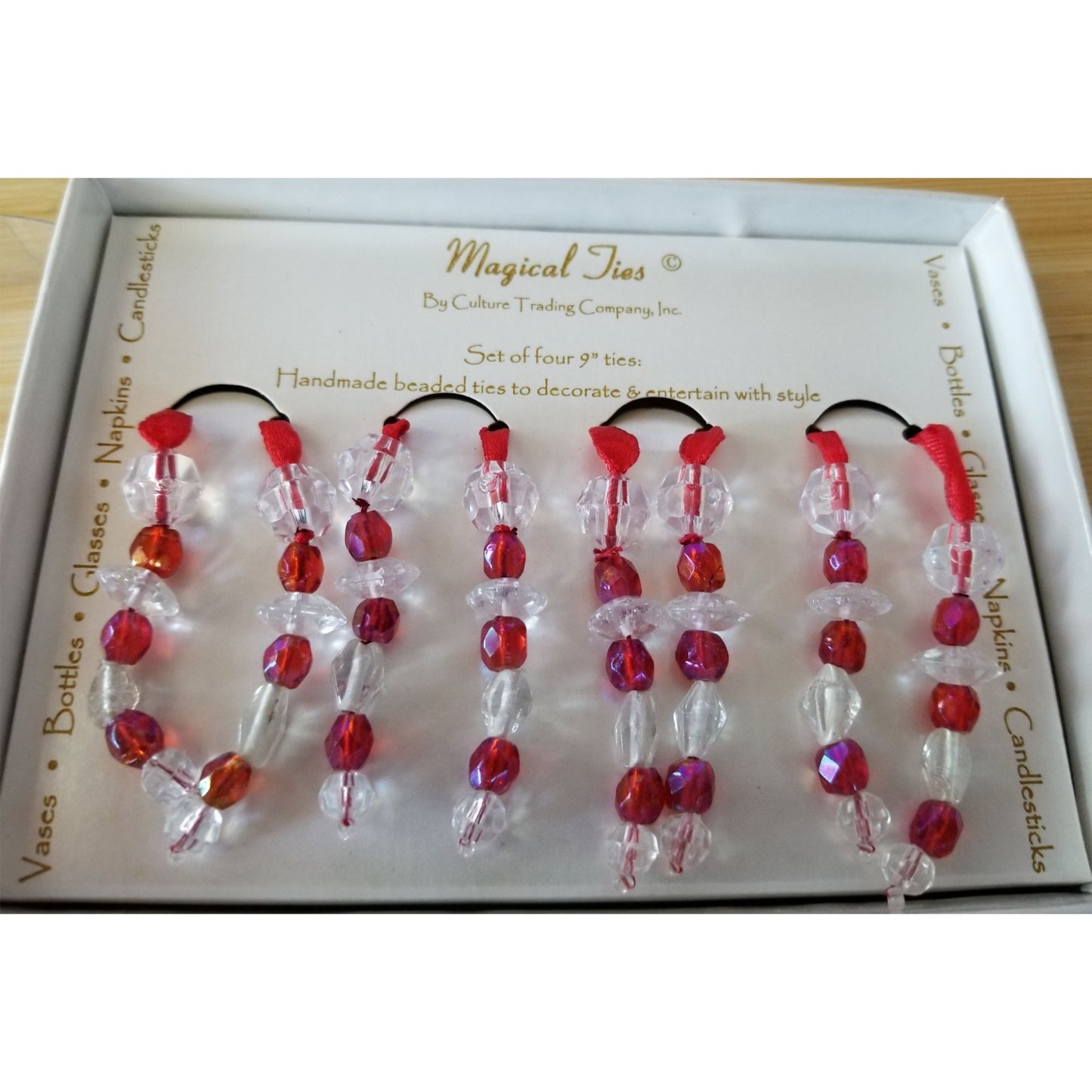 Magical Ties Red White 12" each Beaded  Set of 4 Handmade Decoration for Vases Bottles Glasses Napkins Candlesticks