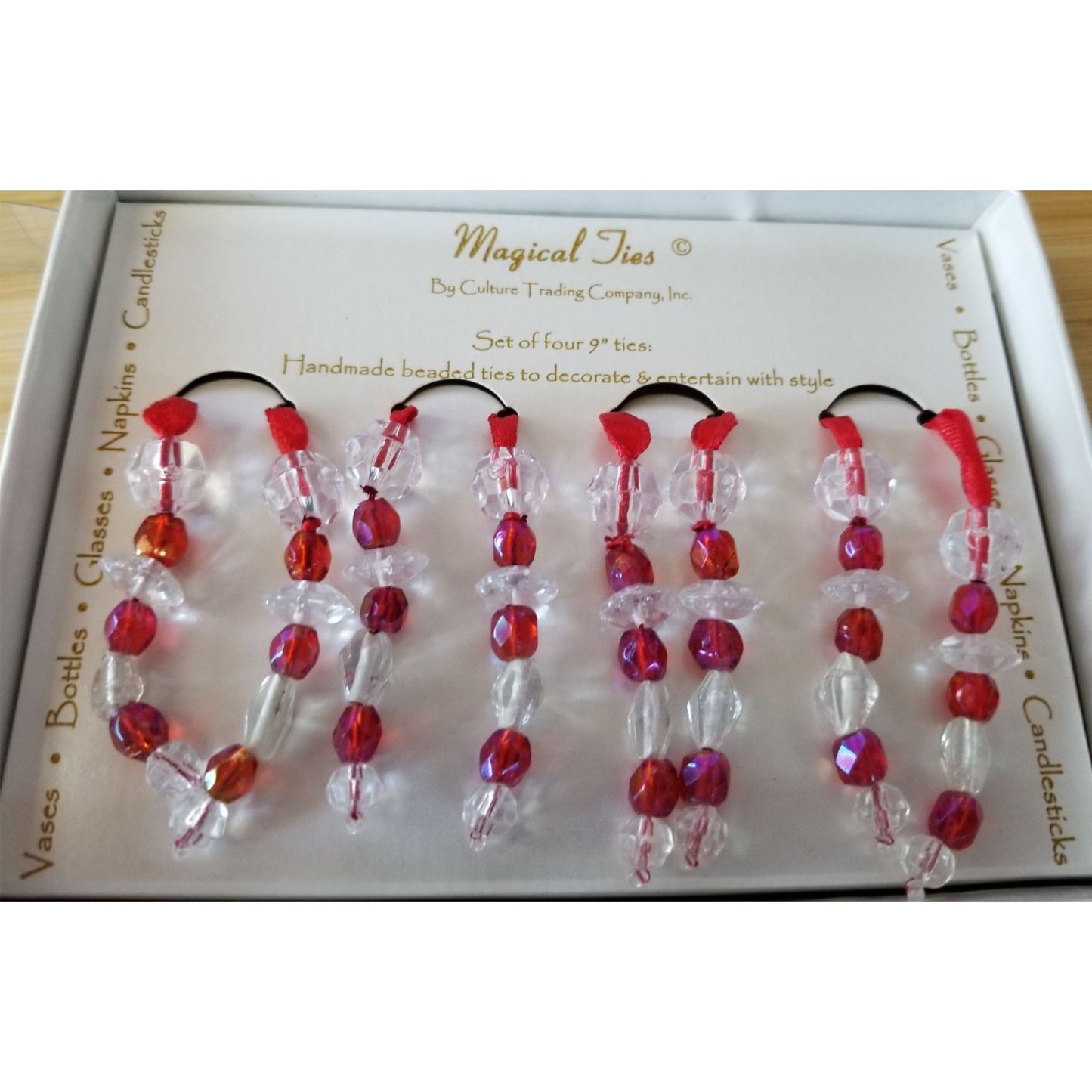 Magical Ties Red White 12" each Beaded  Set of 4 Handmade Decoration for Vases Bottles Glasses Napkins Candlesticks