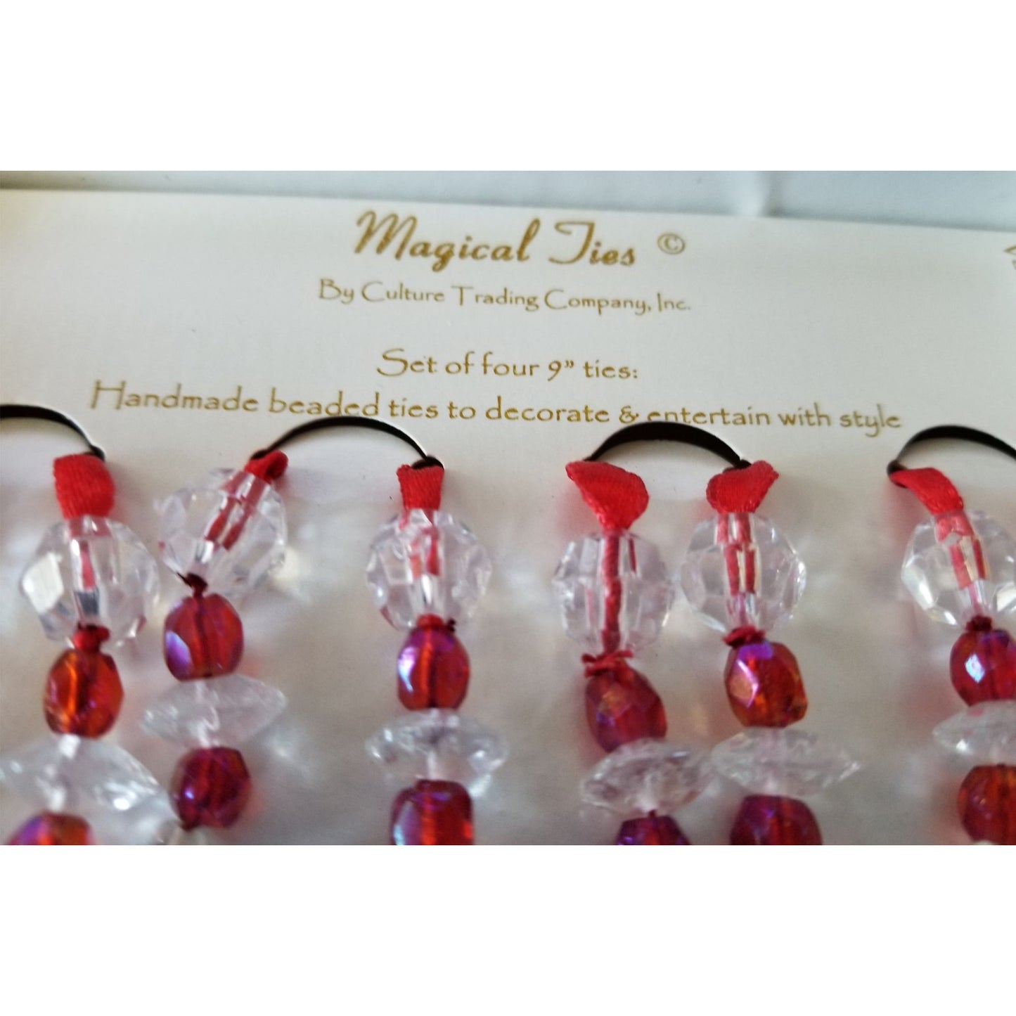 Magical Ties Red White 12" each Beaded  Set of 4 Handmade Decoration for Vases Bottles Glasses Napkins Candlesticks