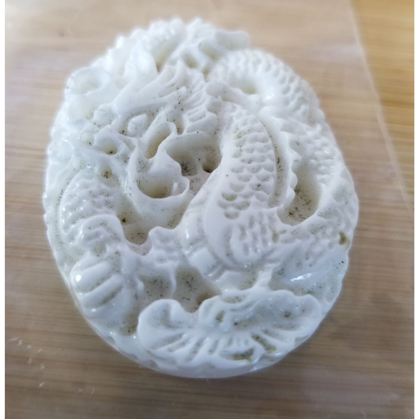 Pendant White Jade Carved Dragon Antique Lucky Medalion Oval 112 ct  22.4 Gr  45 mm x 35 mm