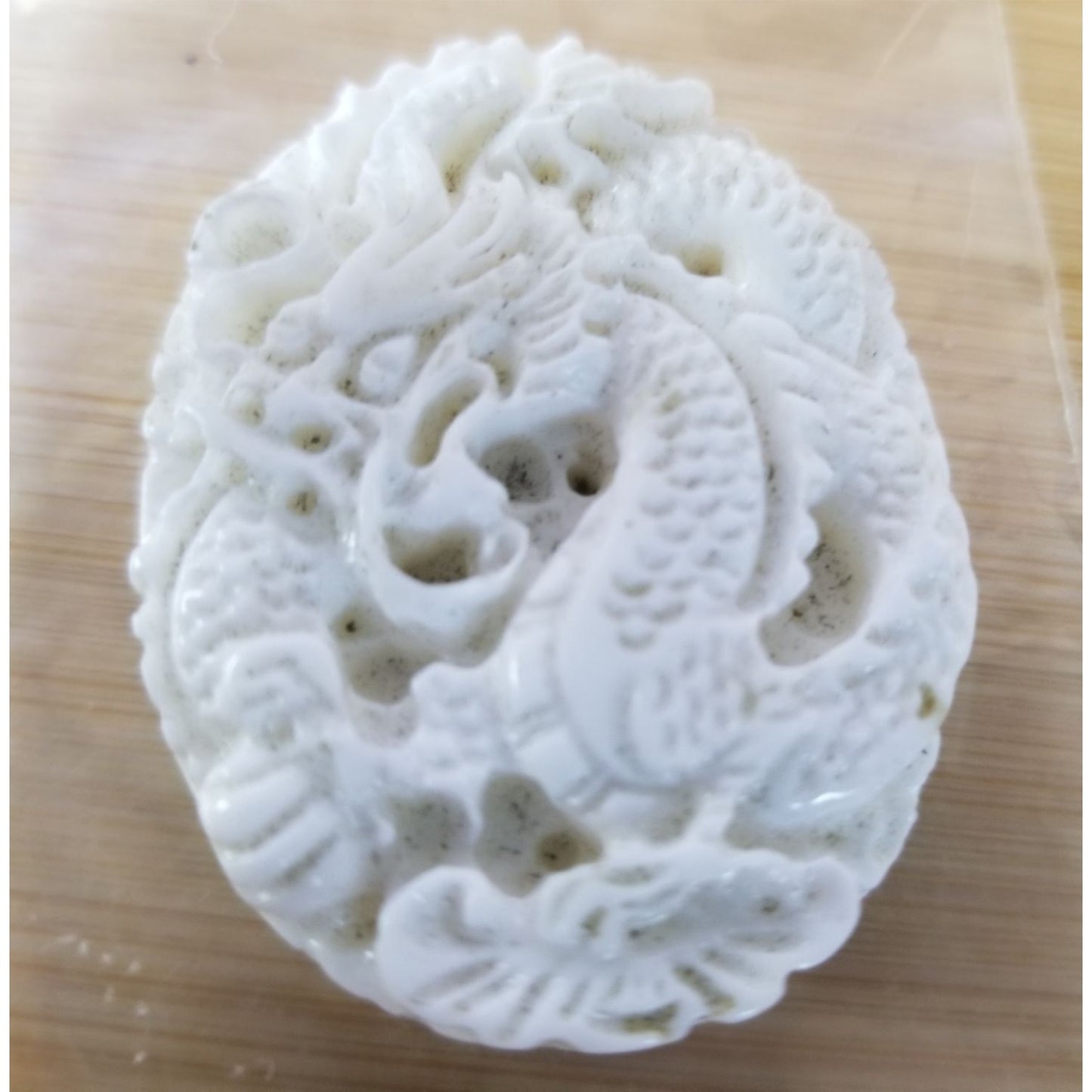 Pendant White Jade Carved Dragon Antique Lucky Medalion Oval 112 ct  22.4 Gr  45 mm x 35 mm