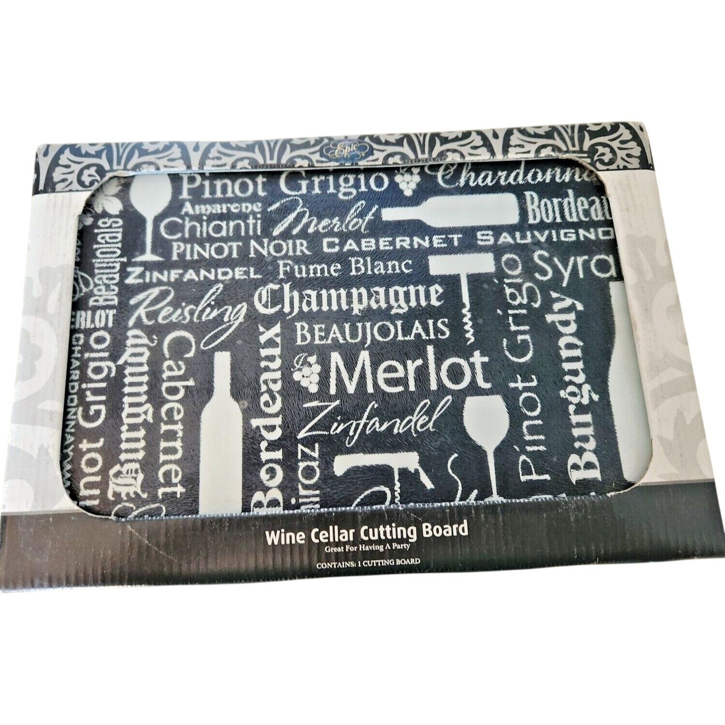 Cutting Board Epic Wine  Cellar Tempered Glass 12" x 8"  Wine Names Packaged
