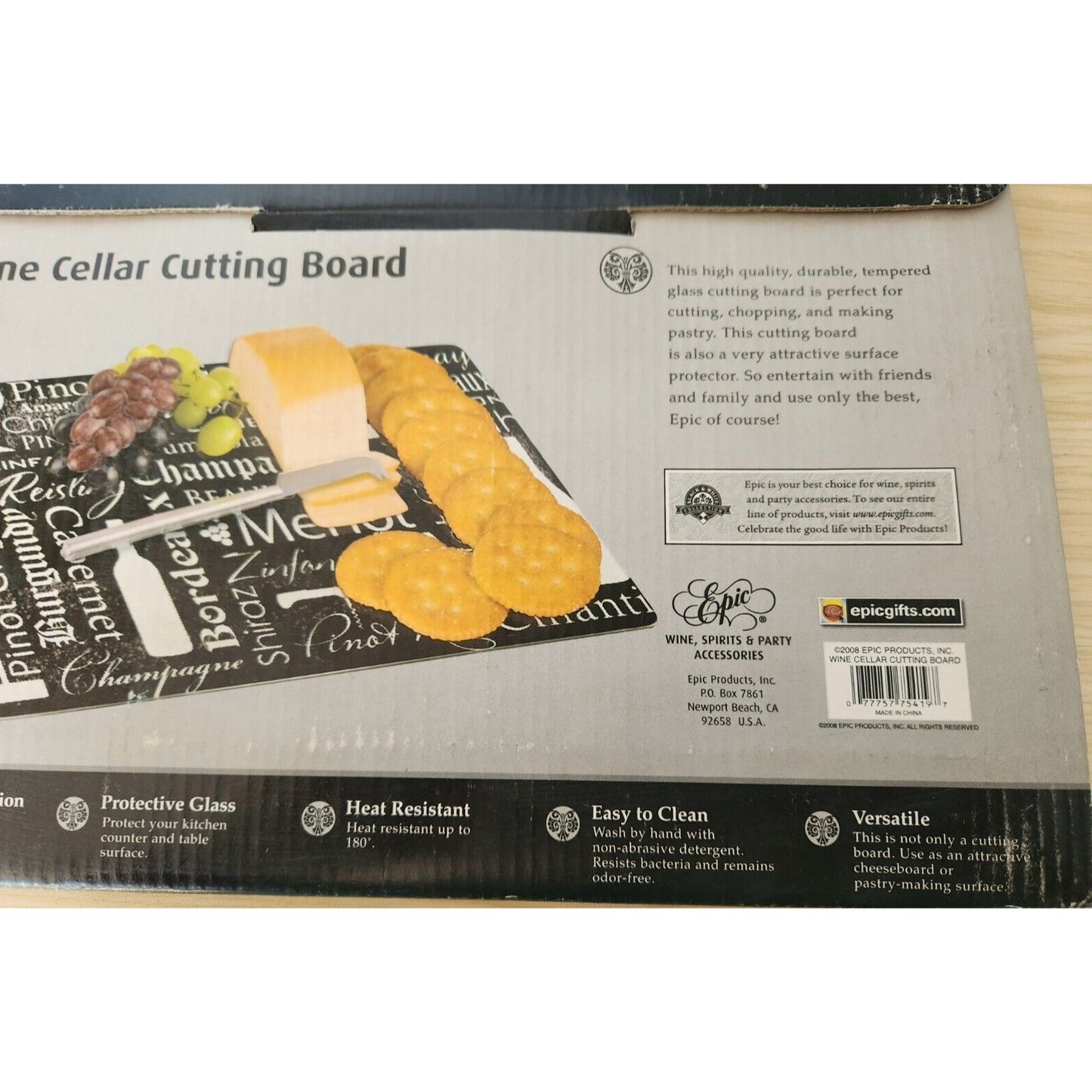Cutting Board Epic Wine  Cellar Tempered Glass 12" x 8"  Wine Names Packaged