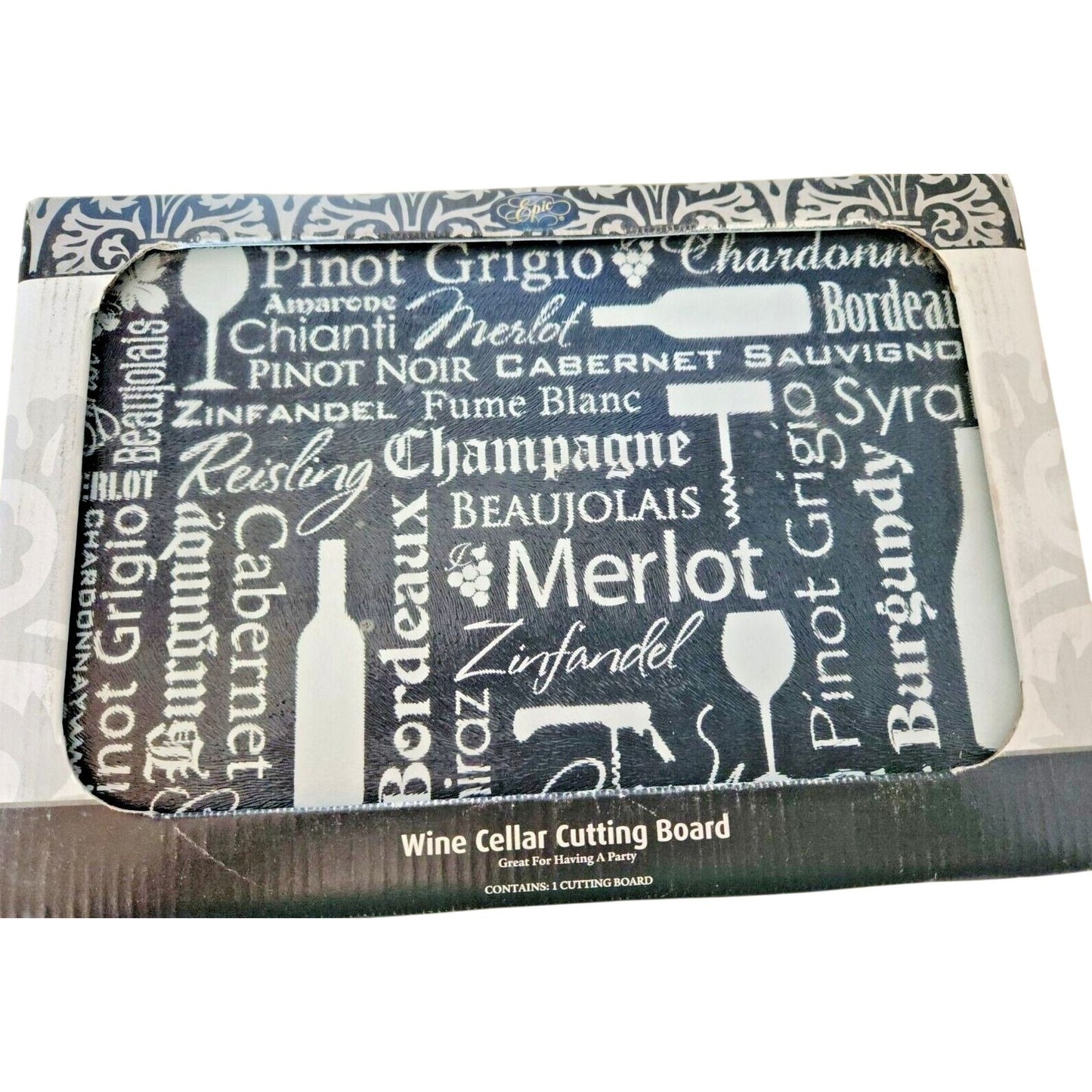 Cutting Board Epic Wine  Cellar Tempered Glass 12" x 8"  Wine Names Packaged