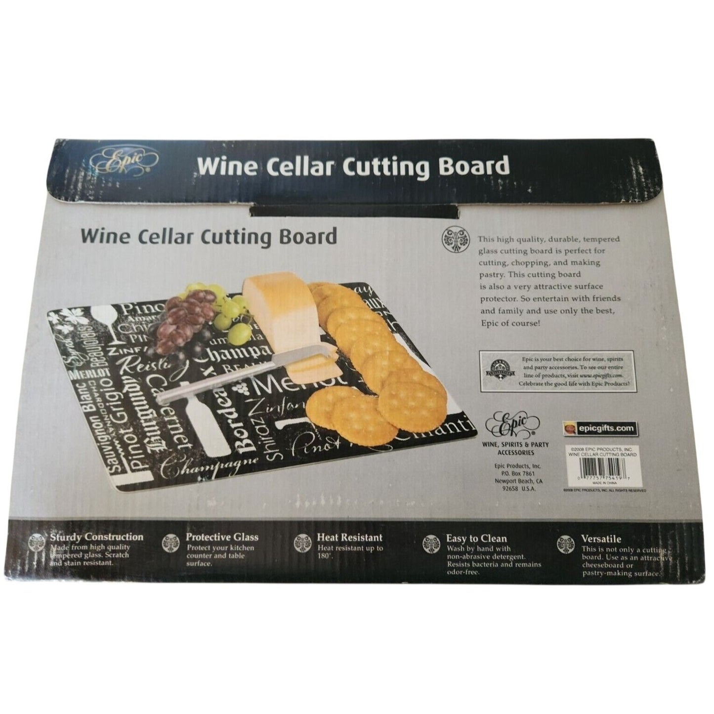 Cutting Board Epic Wine  Cellar Tempered Glass 12" x 8"  Wine Names Packaged