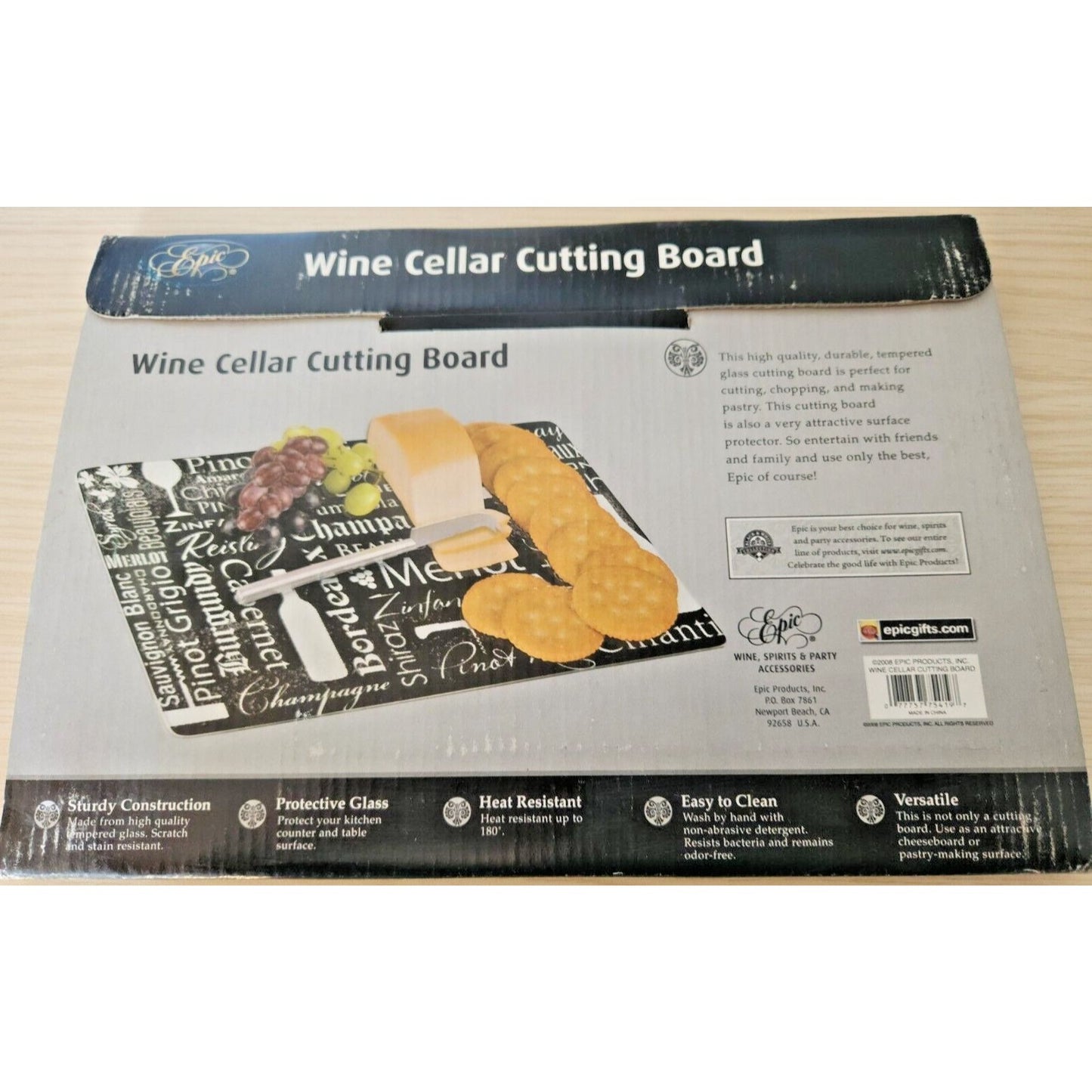Cutting Board Epic Wine  Cellar Tempered Glass 12" x 8"  Wine Names Packaged