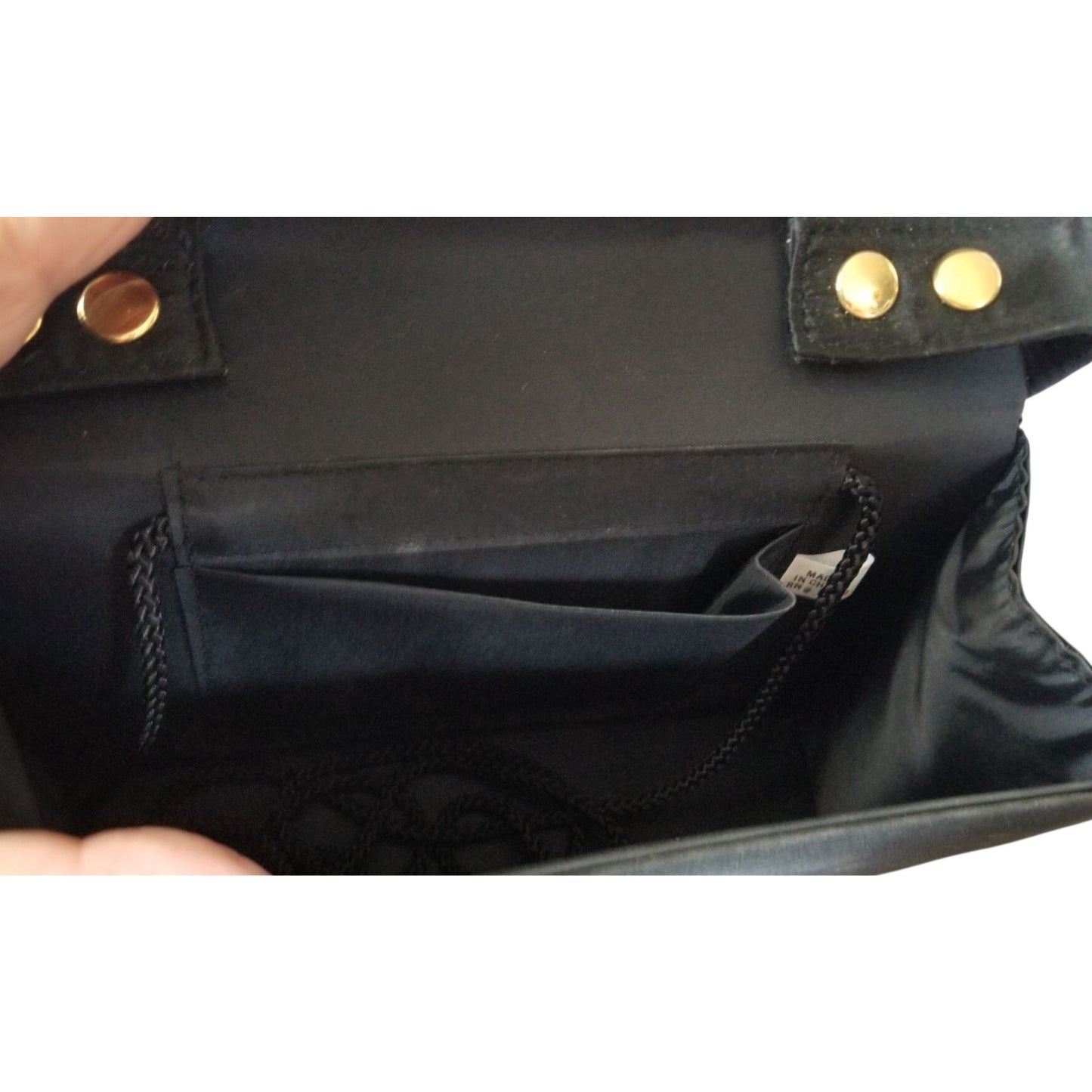 Purse Bag Blacl Clutch Beaded Short Handle 6" x 8"  Pocket inside Corded strap Snap Close