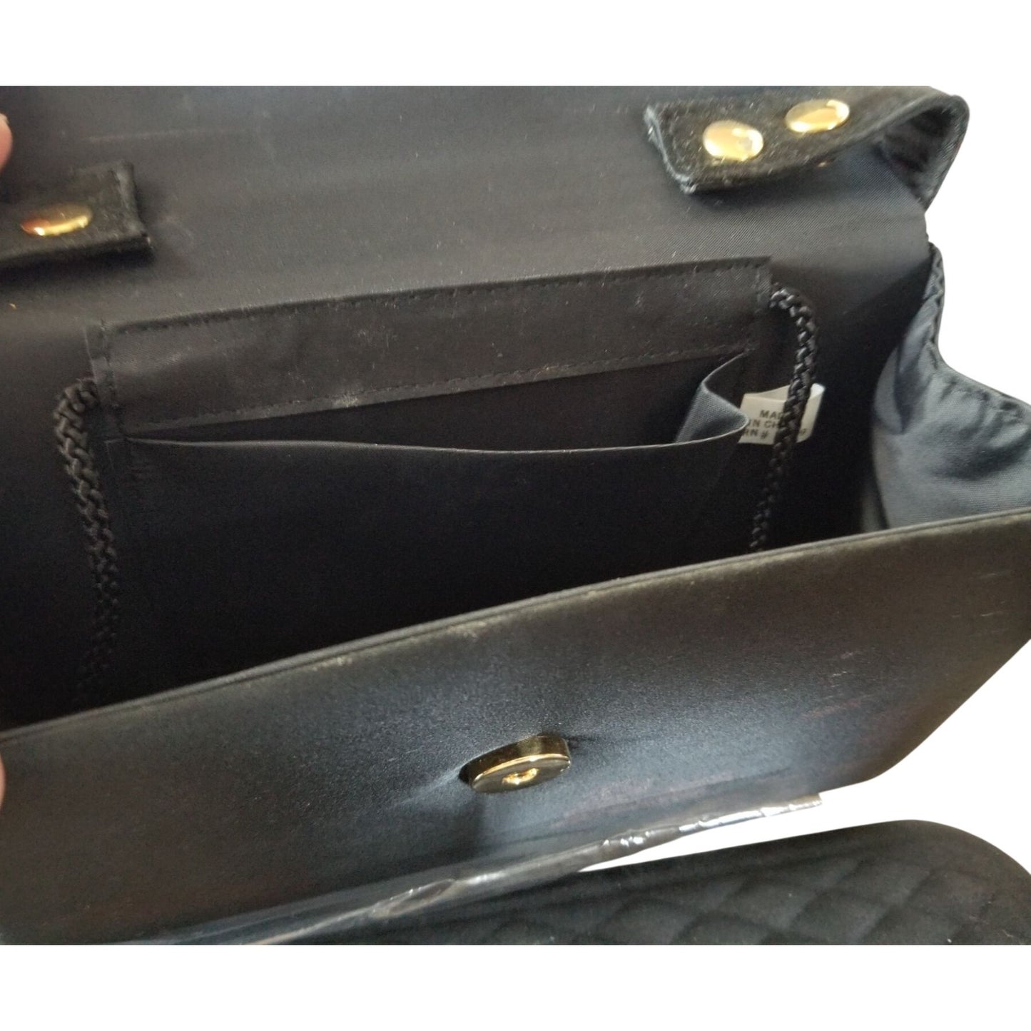 Purse Bag Blacl Clutch Beaded Short Handle 6" x 8"  Pocket inside Corded strap Snap Close