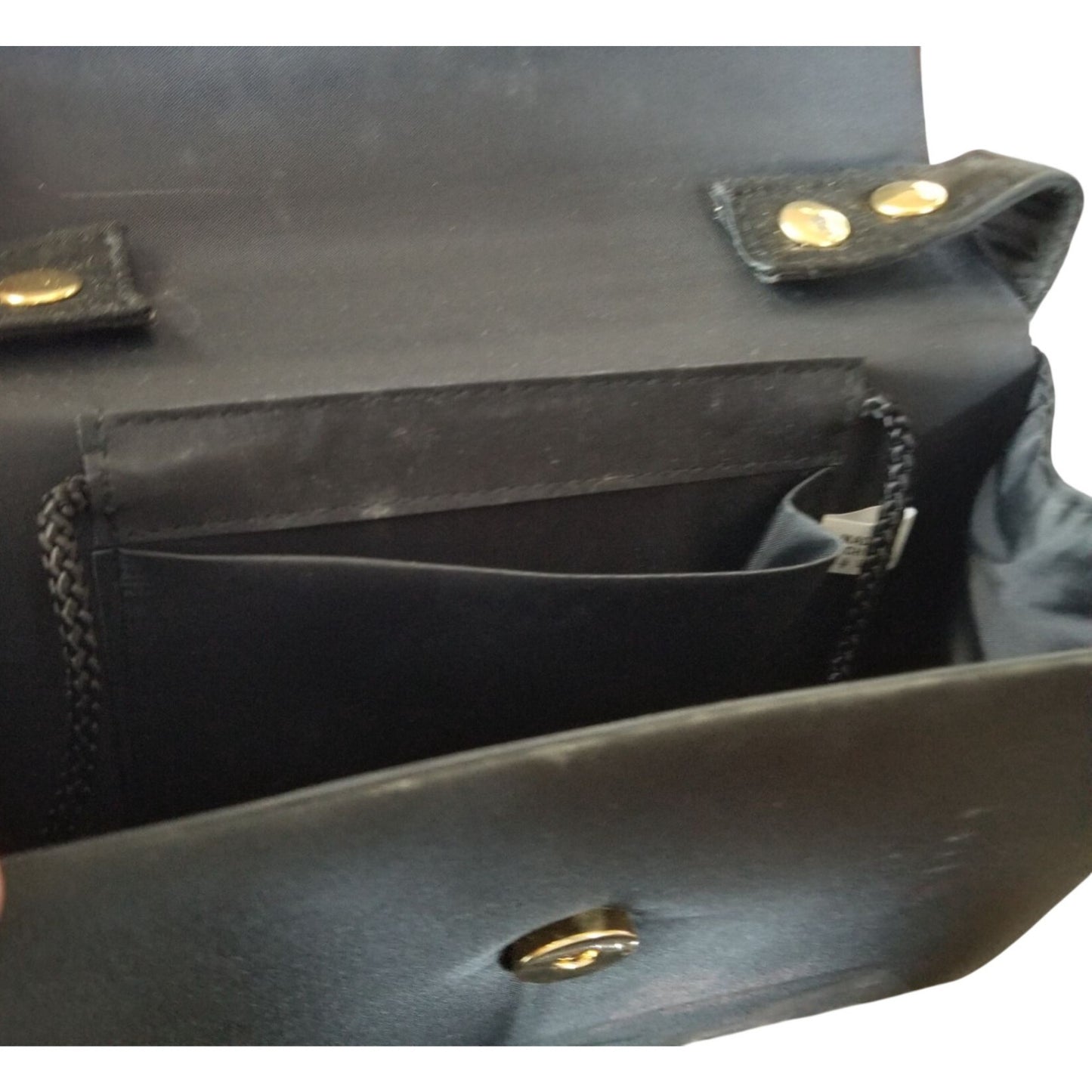 Purse Bag Blacl Clutch Beaded Short Handle 6" x 8"  Pocket inside Corded strap Snap Close