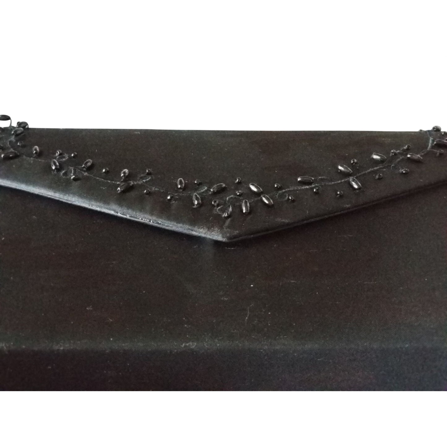 Purse Bag Blacl Clutch Beaded Short Handle 6" x 8"  Pocket inside Corded strap Snap Close