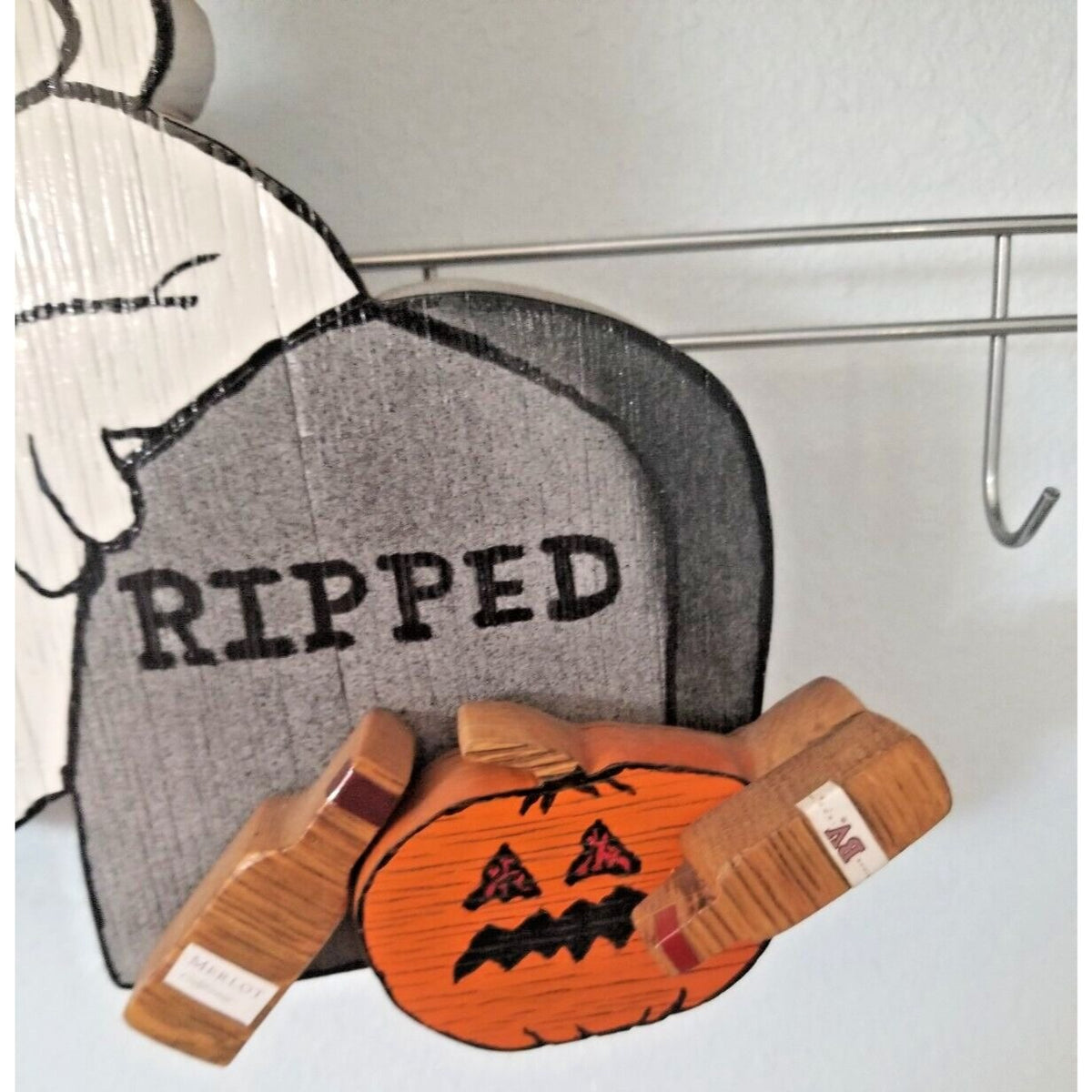 Wood Sign Halloween Ripped  Ghost Wine Drinking Pumpkin Empty Bottles Hanging