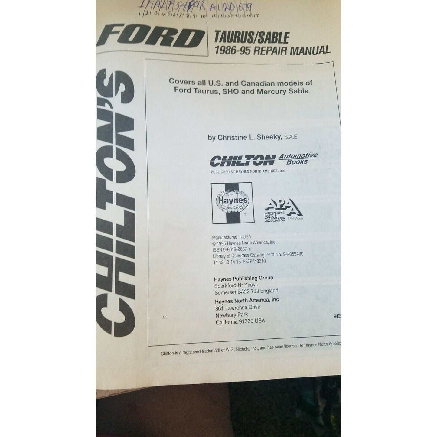 Book 1986 - 95 Chilton's Ford Taurus SHO Mercury Sable Repair Manual  # 26700