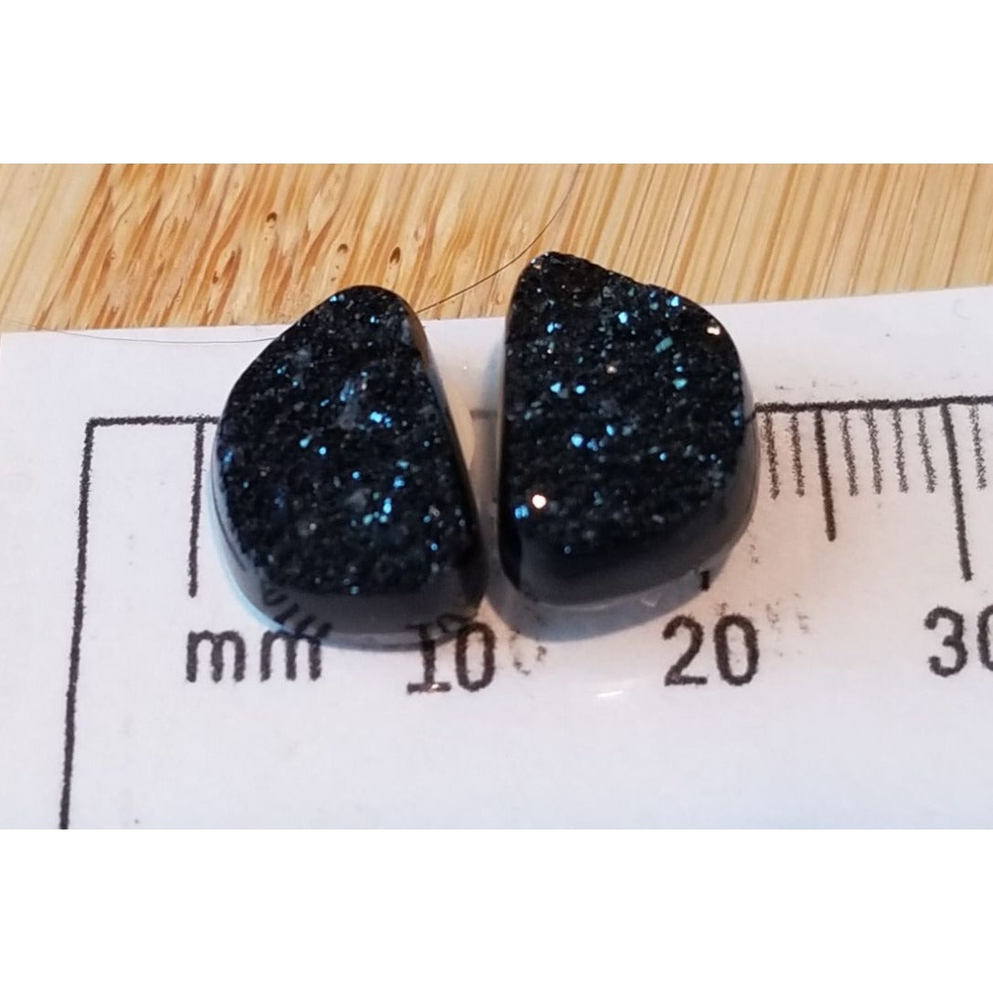 Gemstone Loose Pair Black Titanium Crystal Druzy  Matched Pair 17 ct  3.4 gr 15 mm x10 mm x 5 mm