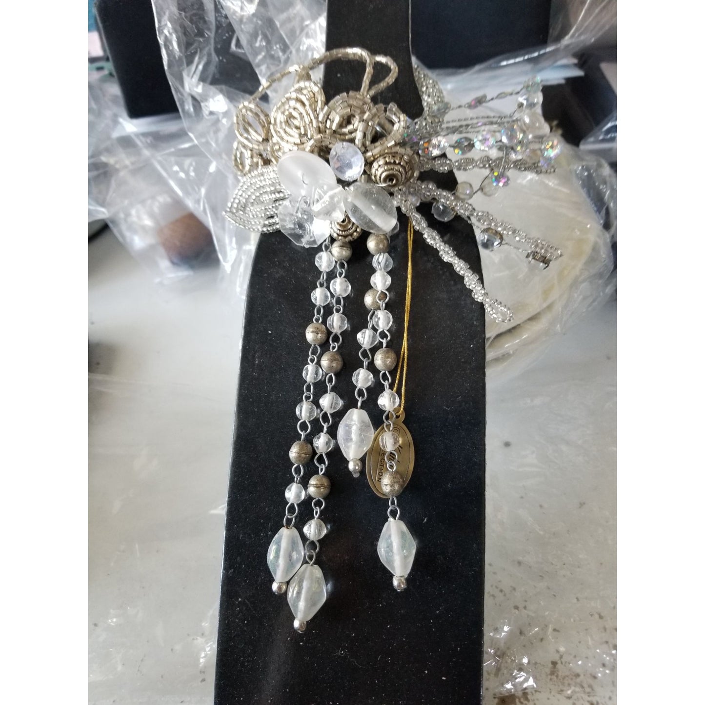 Wine Bottle decoration Beaded Silver Flower with Loop over bottle