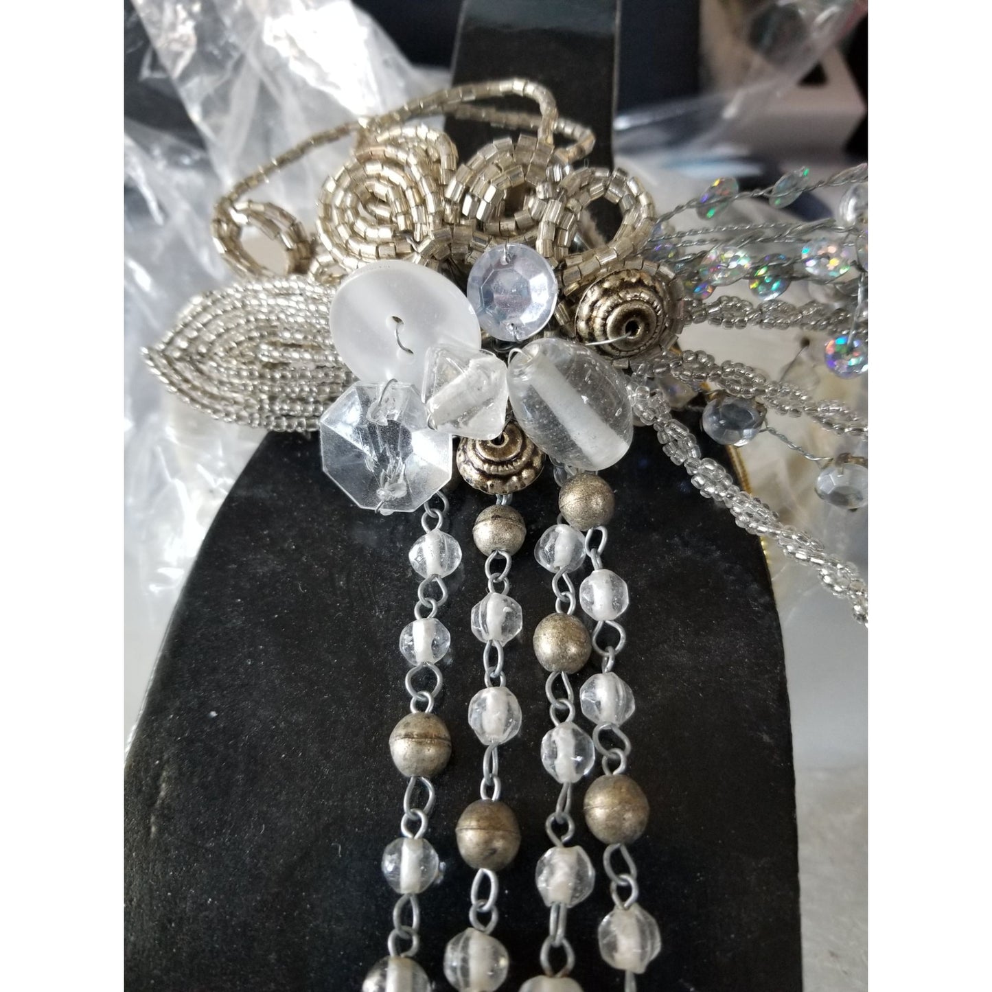 Wine Bottle decoration Beaded Silver Flower with Loop over bottle
