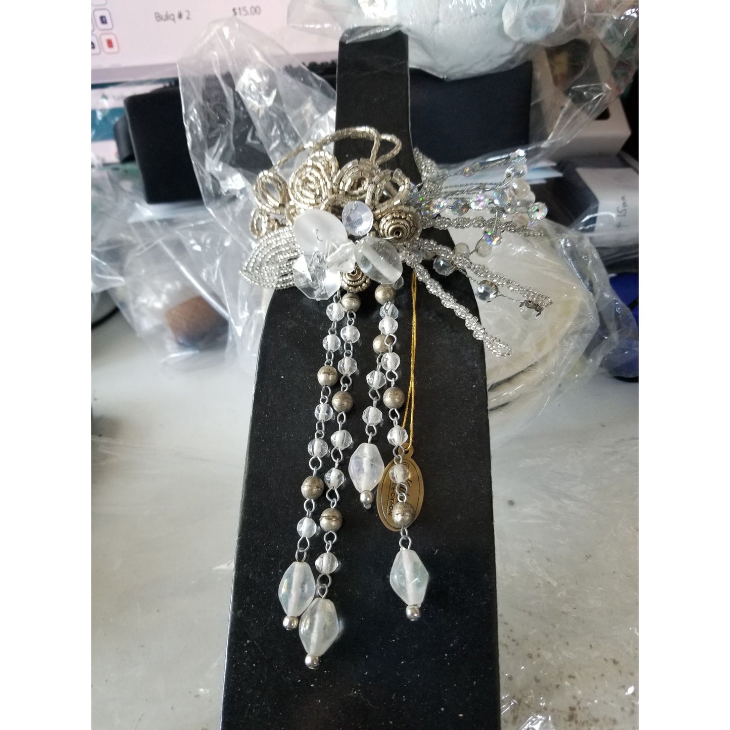 Wine Bottle decoration Beaded Silver Flower with Loop over bottle