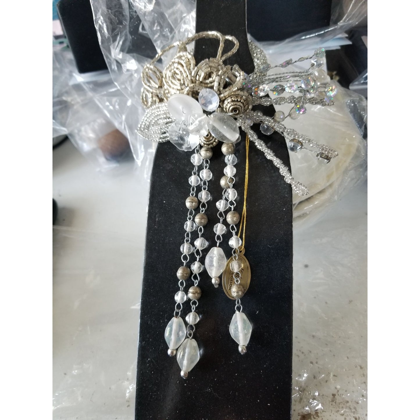 Wine Bottle decoration Beaded Silver Flower with Loop over bottle
