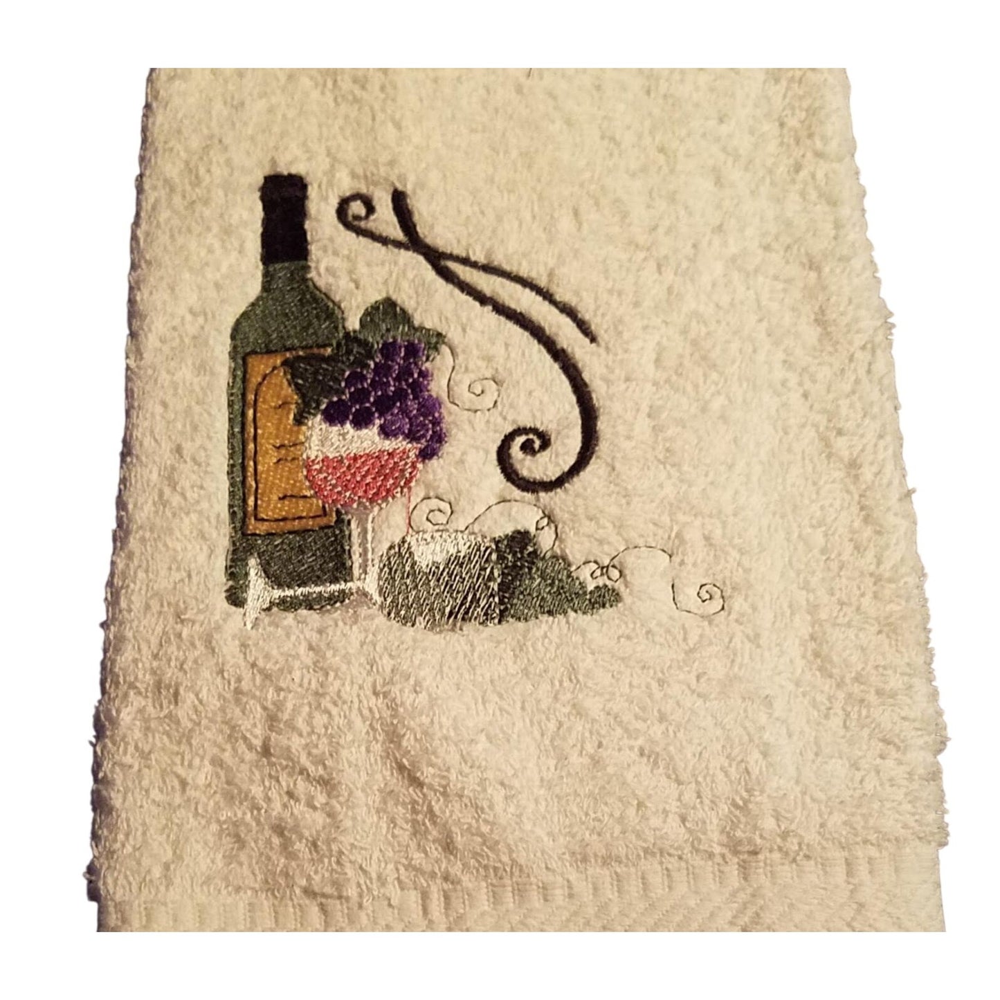 Kitchen Towel Embroidered 100% 1 Cotton Wine Bottle Glass Grapes  15 x 21