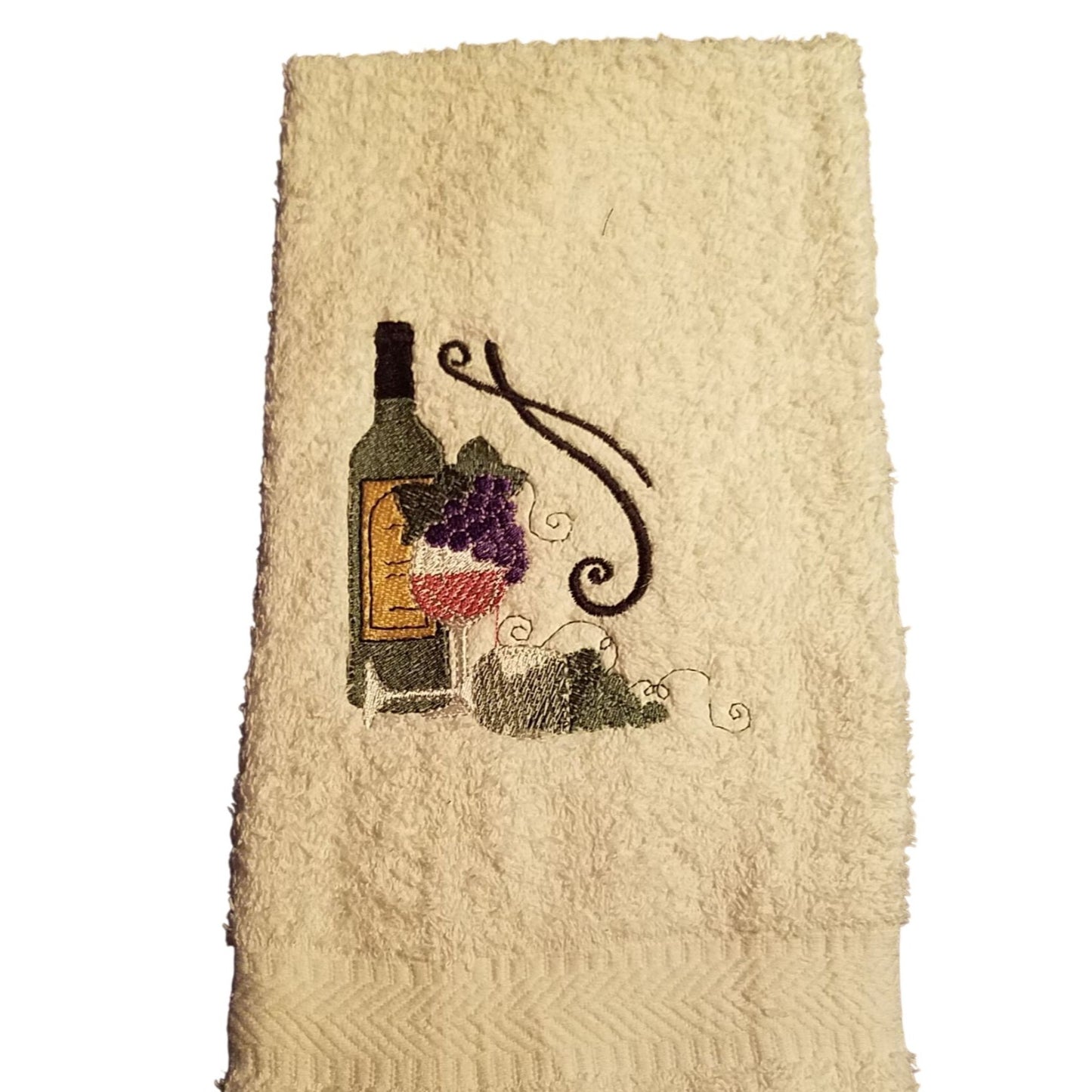Kitchen Towel Embroidered 100% 1 Cotton Wine Bottle Glass Grapes  15 x 21