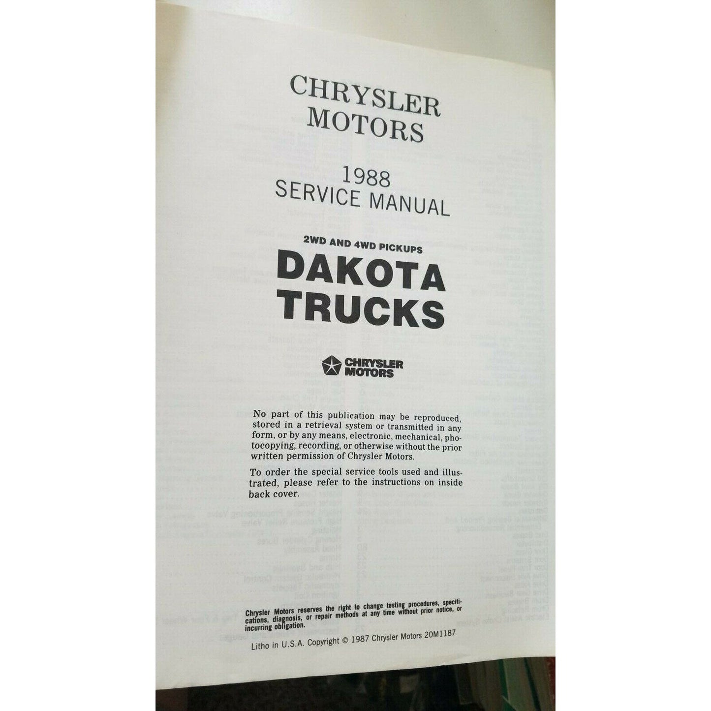 Book 1988 Chrysler Service Manual Dakota Trucks Publication Automobile Guide