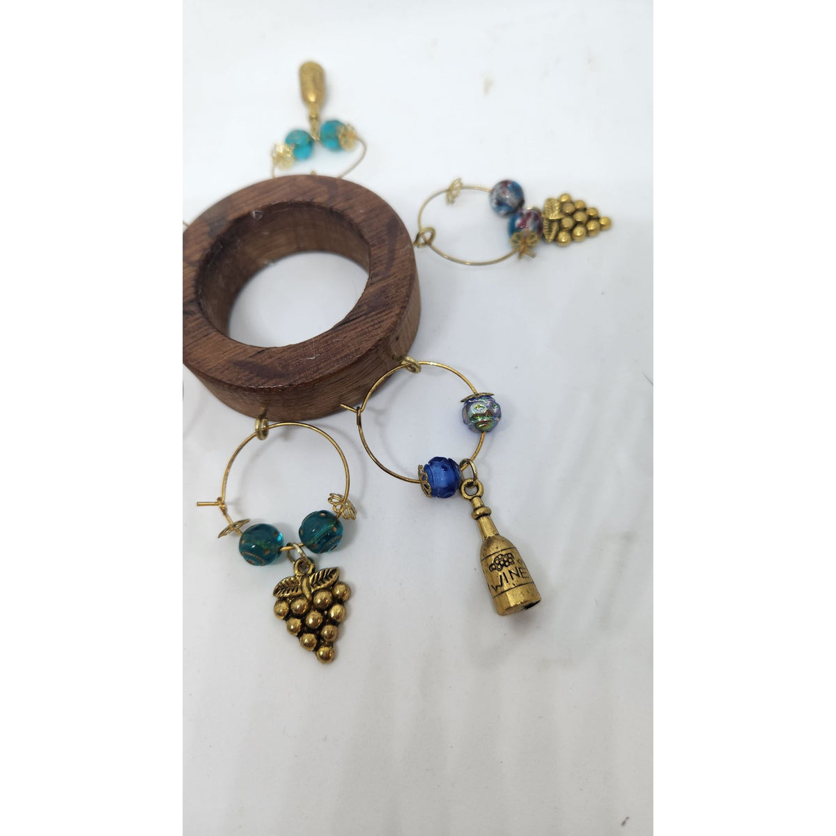 Wine Glass Charm Wooden Wine Glass Charm Set  6 Gold Color Metal Charm Glass Bead on Wine Stave