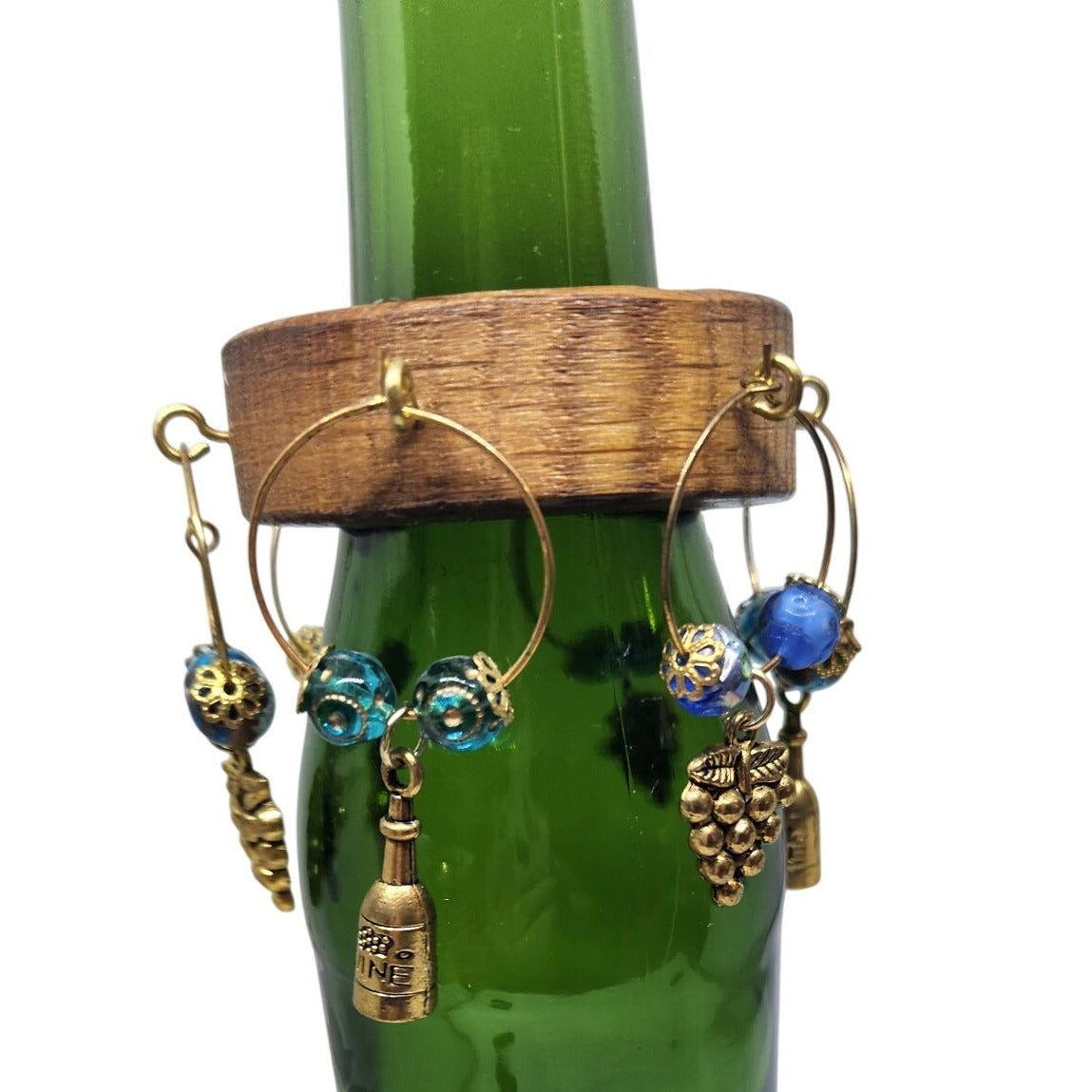 Wine Glass Charm Wooden Wine Glass Charm Set  6 Gold Color Metal Charm Glass Bead on Wine Stave