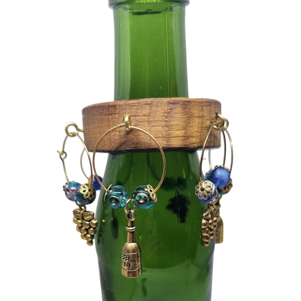 Wine Glass Charm Wooden Wine Glass Charm Set  6 Gold Color Metal Charm Glass Bead on Wine Stave