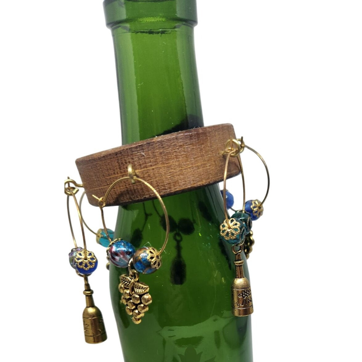 Wine Glass Charm Wooden Wine Glass Charm Set  6 Gold Color Metal Charm Glass Bead on Wine Stave