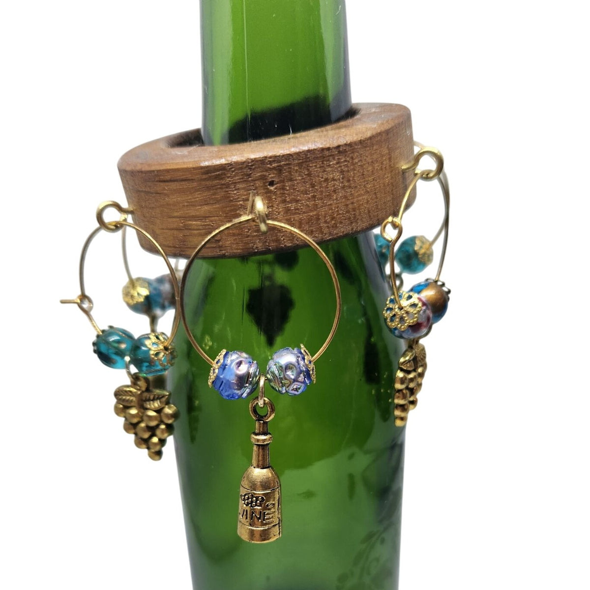 Wine Glass Charm Wooden Wine Glass Charm Set  6 Gold Color Metal Charm Glass Bead on Wine Stave