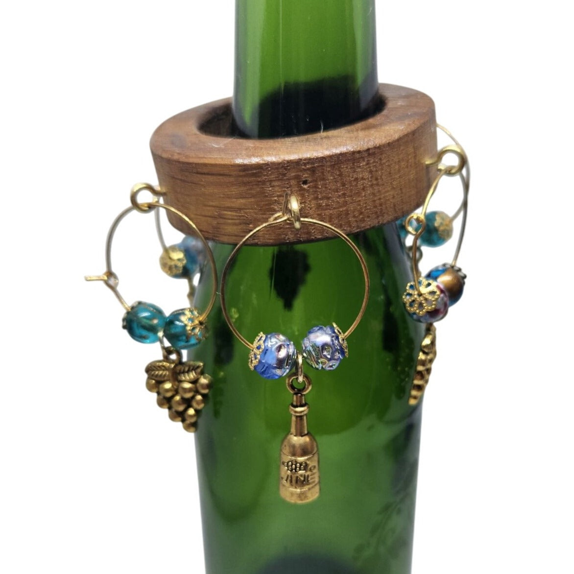 Wine Glass Charm Wooden Wine Glass Charm Set  6 Gold Color Metal Charm Glass Bead on Wine Stave