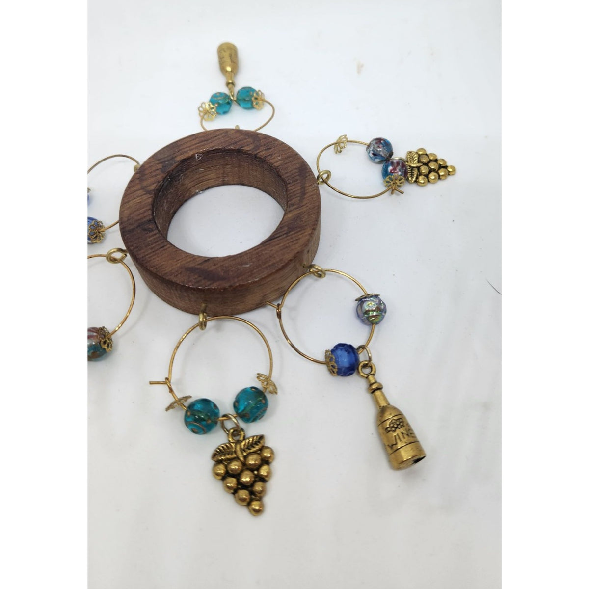 Wine Glass Charm Wooden Wine Glass Charm Set  6 Gold Color Metal Charm Glass Bead on Wine Stave