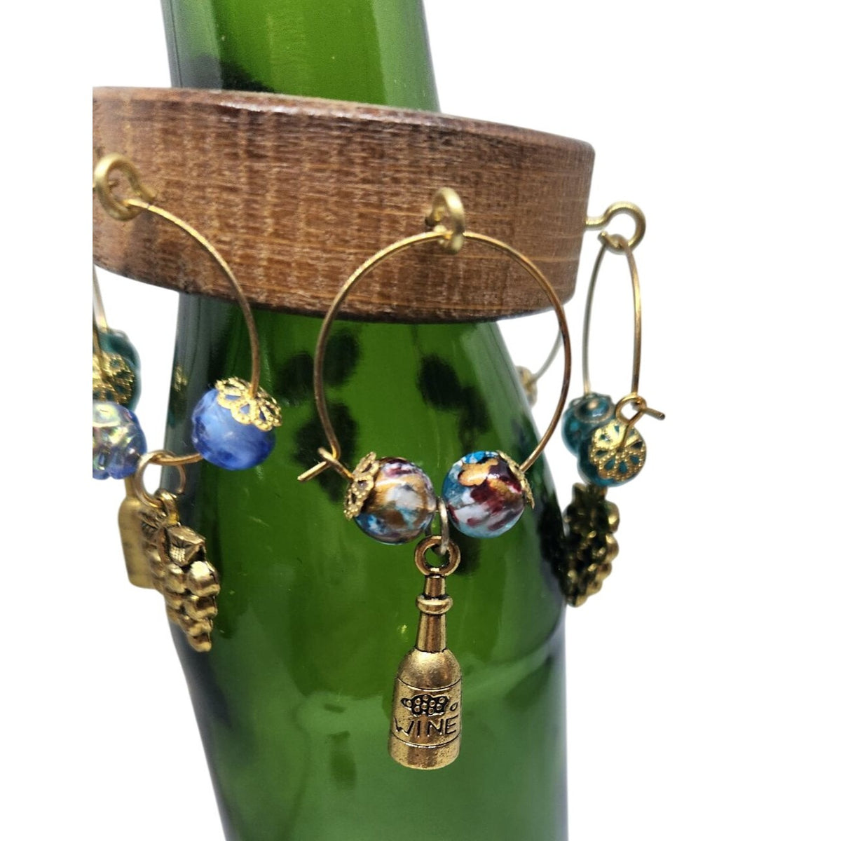 Wine Glass Charm Wooden Wine Glass Charm Set  6 Gold Color Metal Charm Glass Bead on Wine Stave