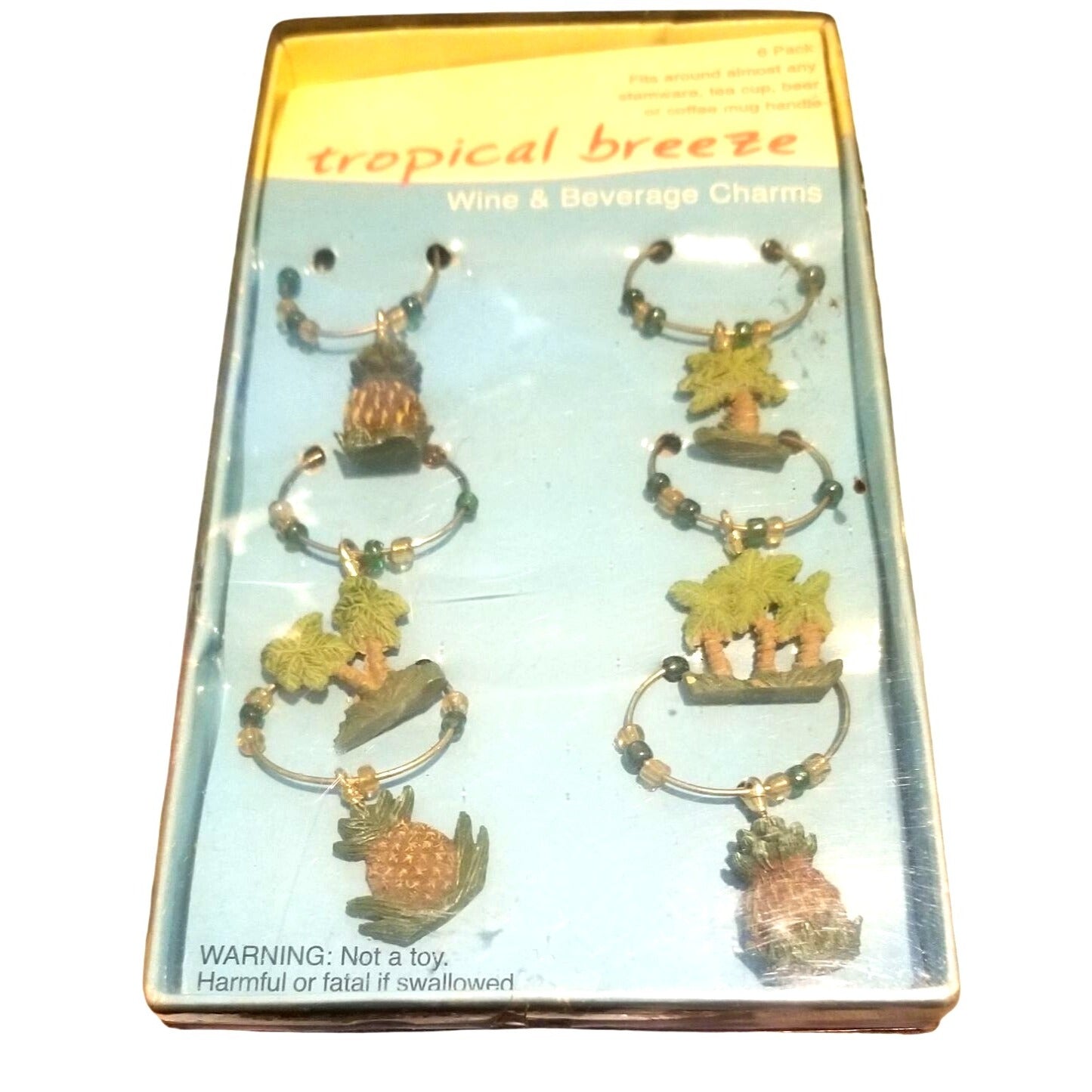 Wine Glass Charms Tropical Breeze 6 piece Greenbrier International Vintage Pineapple's Palm Trees