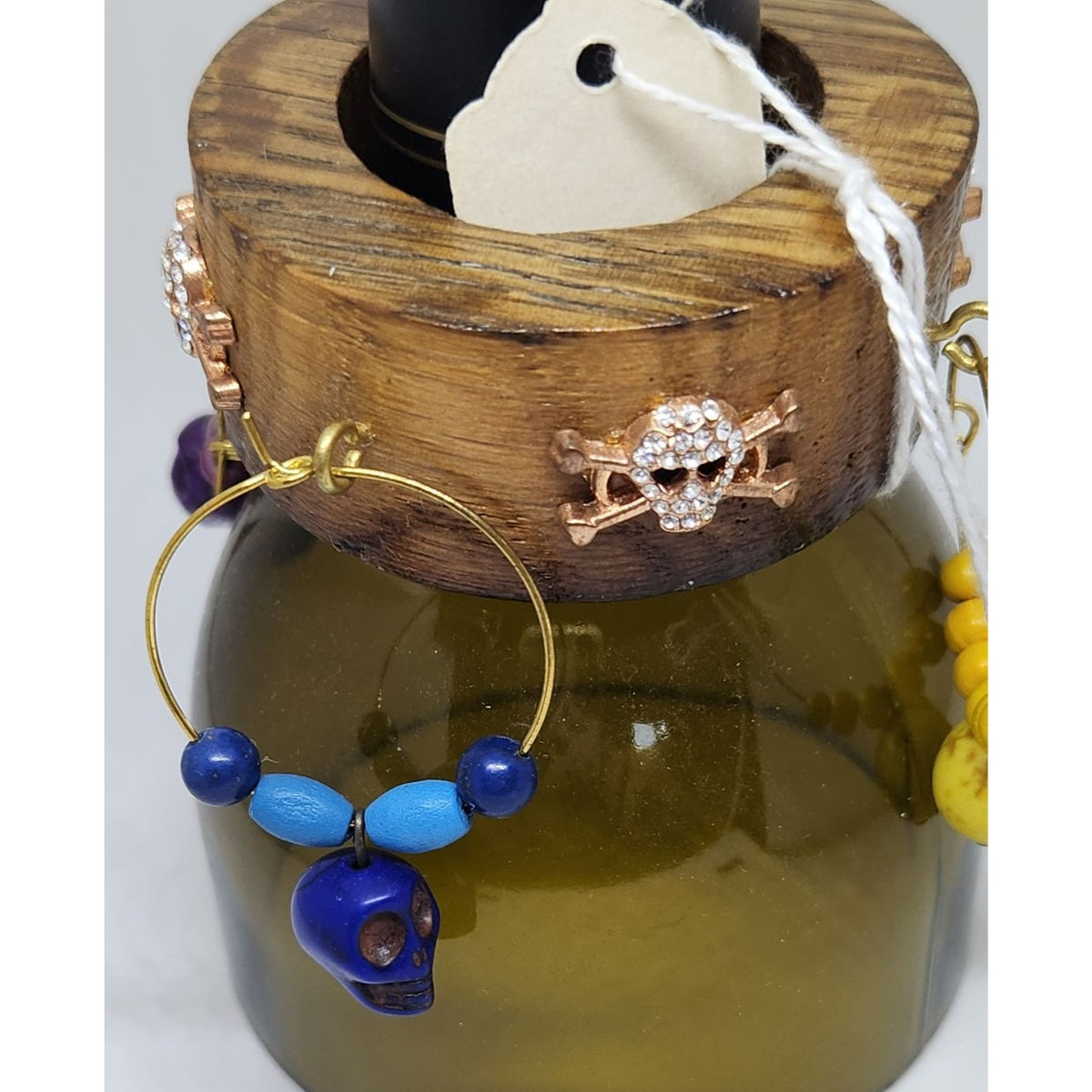 Colorful Skull-Themed Wine Glass Charms Set - 4 Unique Charms With Beads & Wood Holder