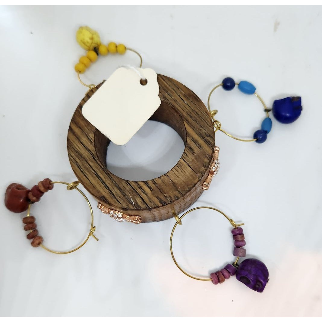 Colorful Skull-Themed Wine Glass Charms Set - 4 Unique Charms With Beads & Wood Holder