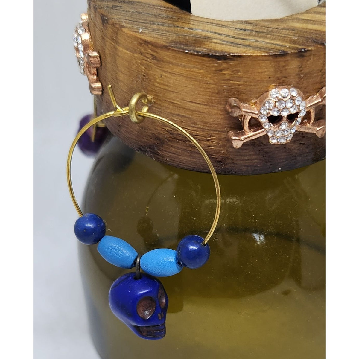 Colorful Skull-Themed Wine Glass Charms Set - 4 Unique Charms With Beads & Wood Holder