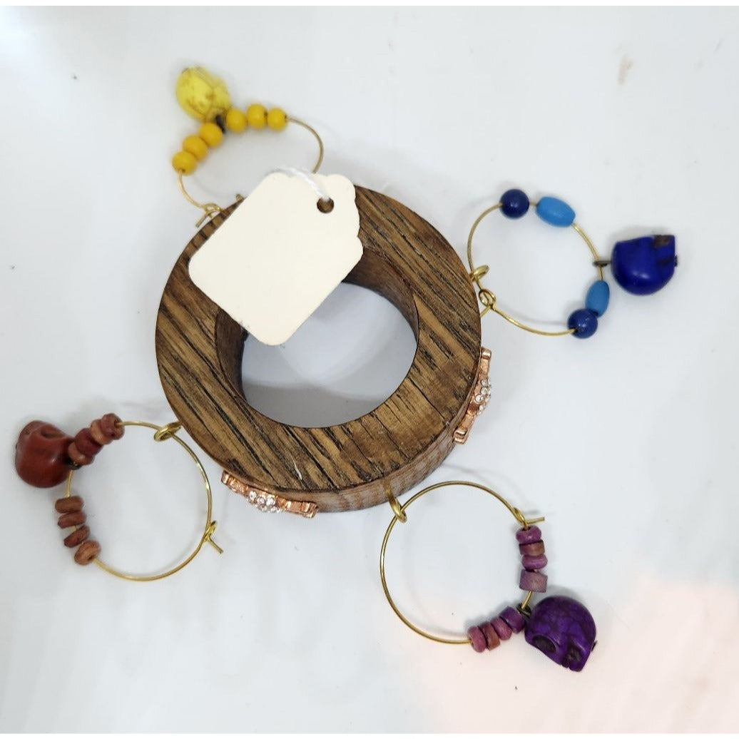 Colorful Skull-Themed Wine Glass Charms Set - 4 Unique Charms With Beads & Wood Holder
