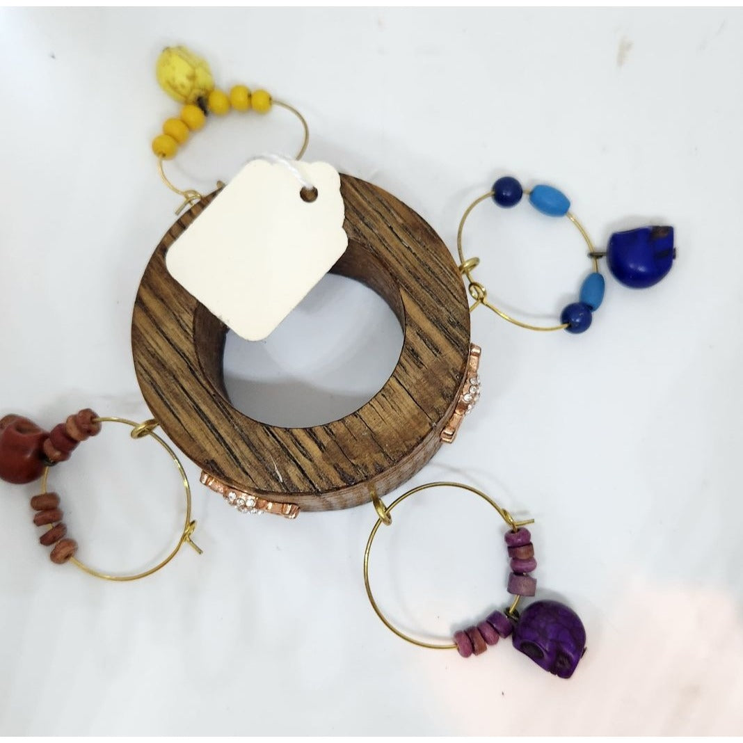 Colorful Skull-Themed Wine Glass Charms Set - 4 Unique Charms With Beads & Wood Holder