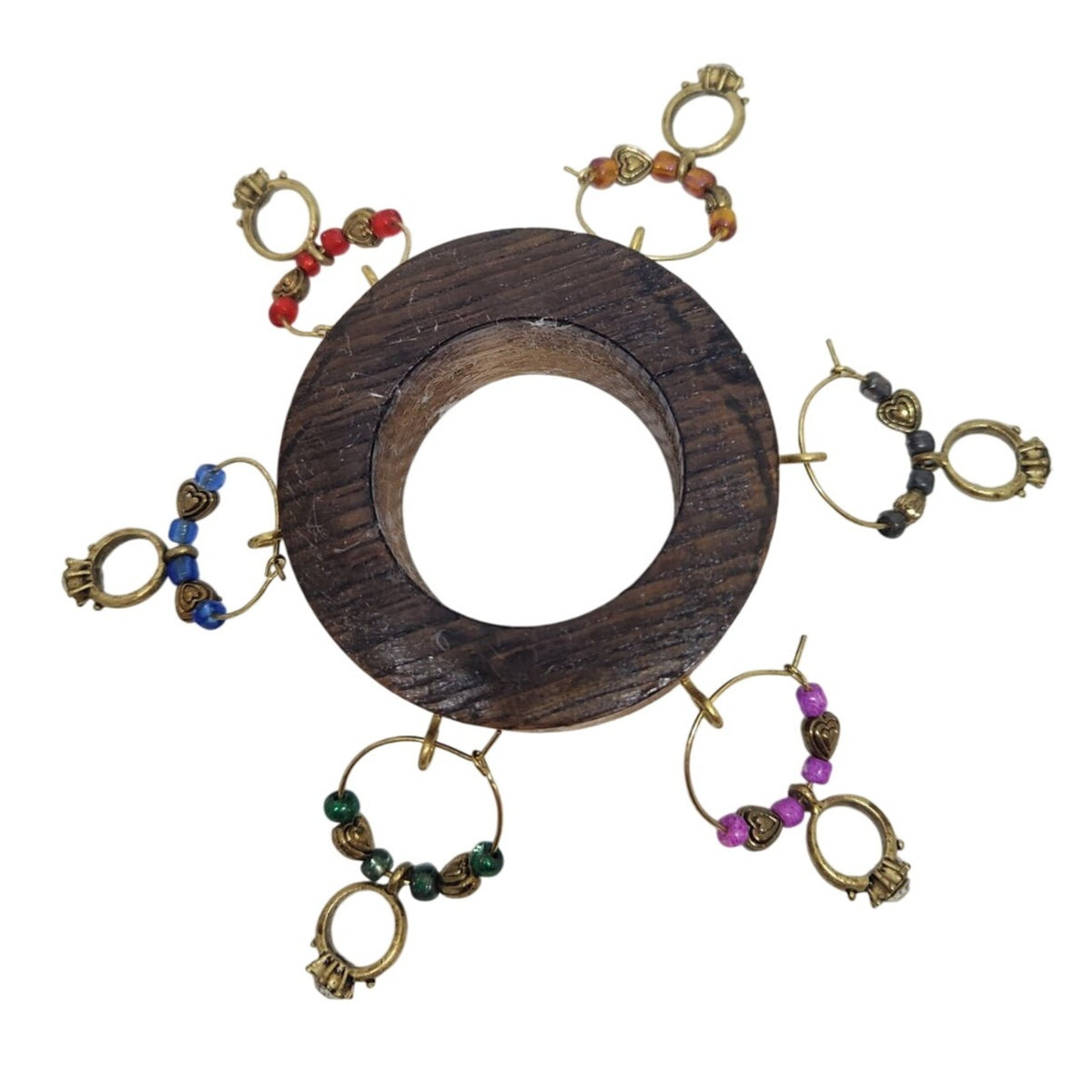 Wine Glass Charms Wedding Ring Themed  Set - 6 Unique Charms With Beads & Wood Holder