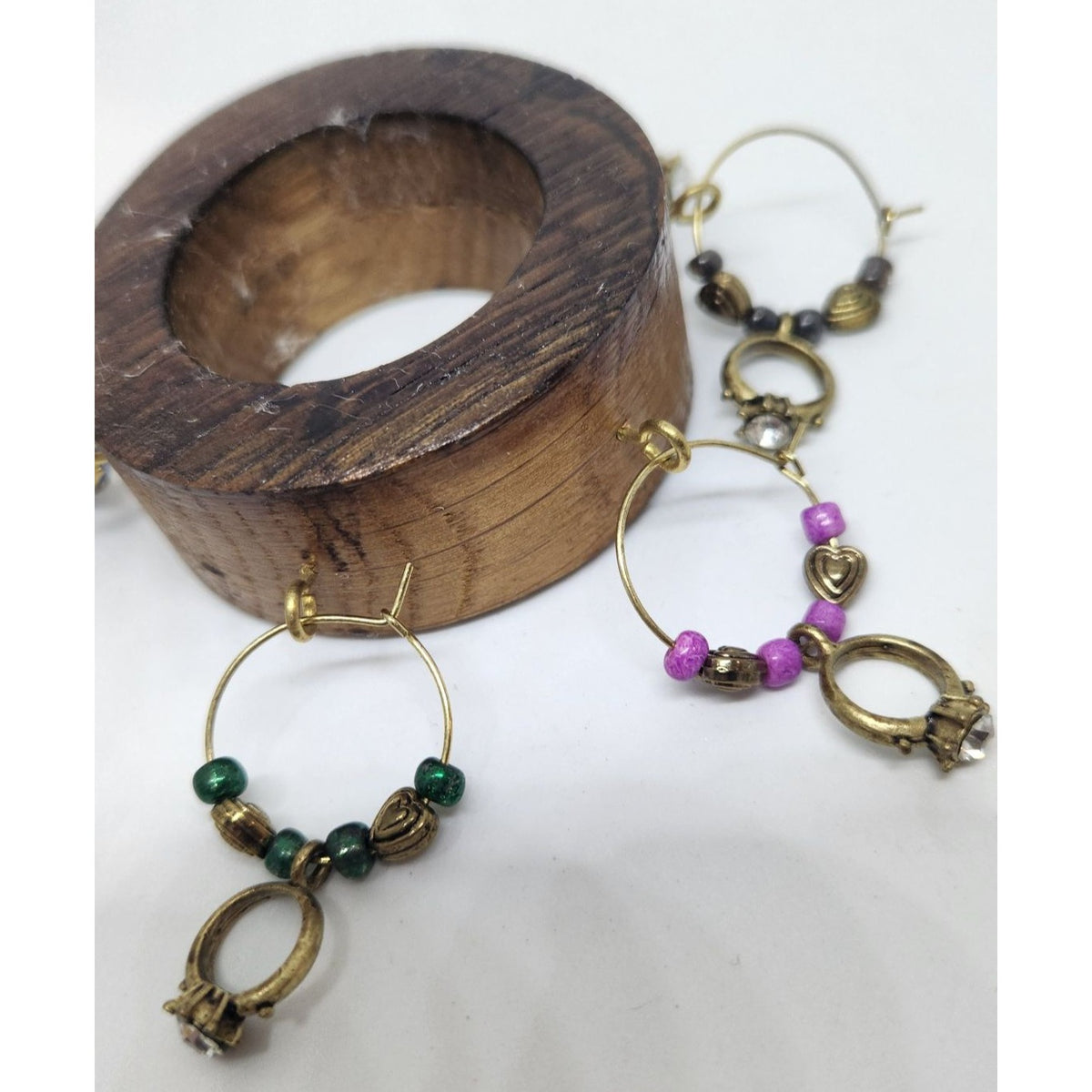 Wine Glass Charms Wedding Ring Themed  Set - 6 Unique Charms With Beads & Wood Holder